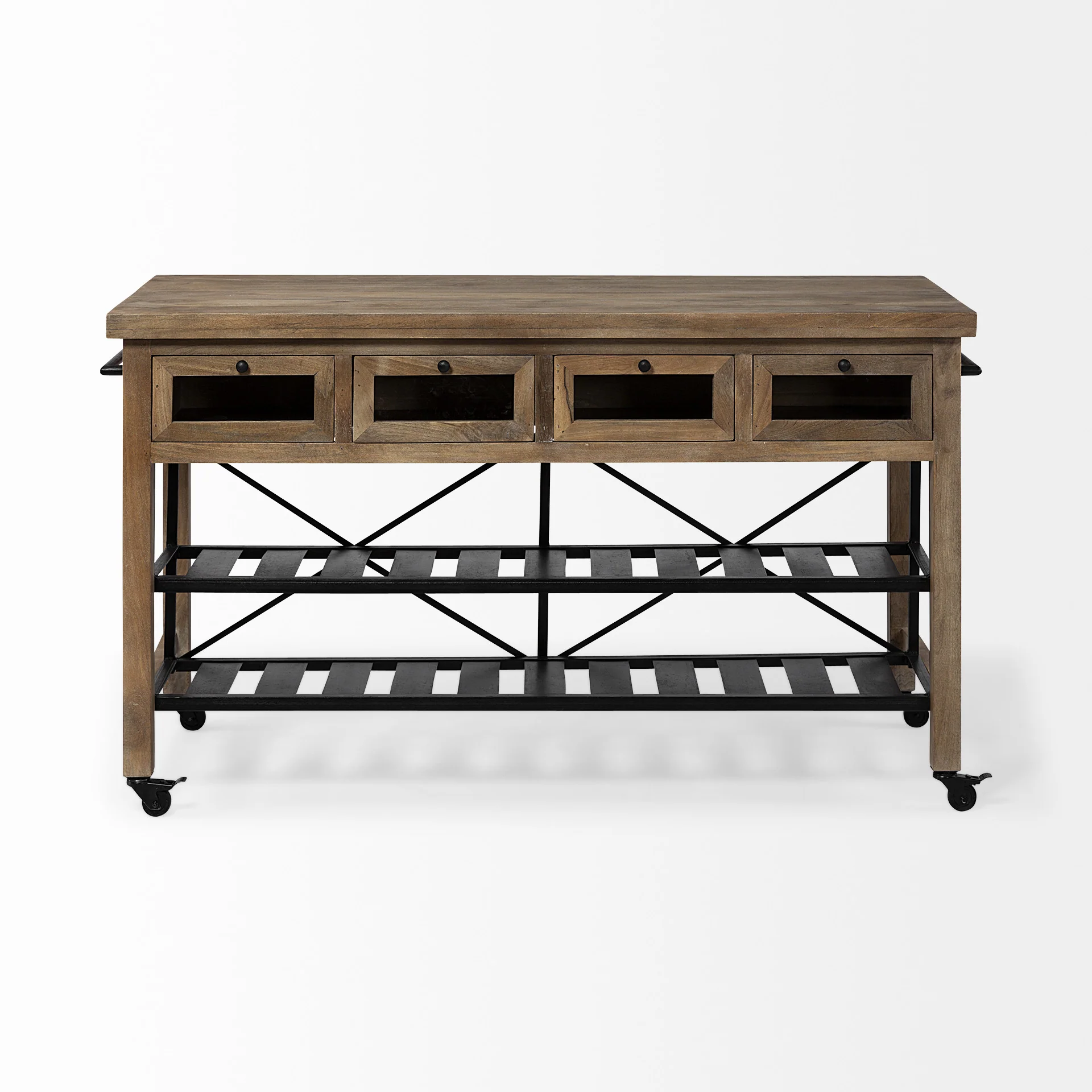 Brown Solid Wood Top Kitchen Island With Two Tier Black Metal Rolling By Homeroots - Image 2
