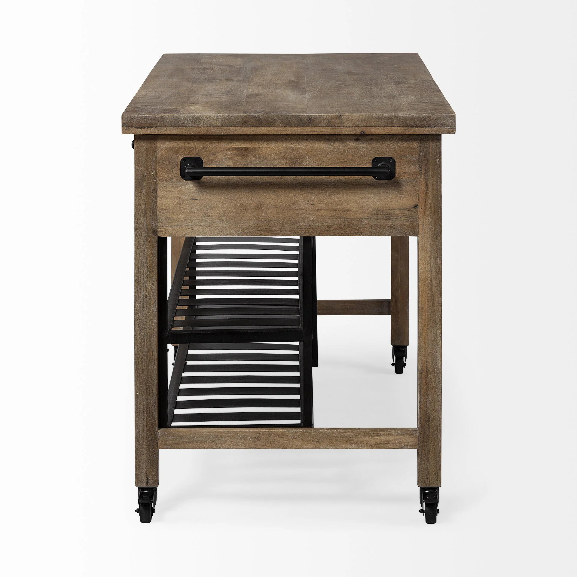 Brown Solid Wood Top Kitchen Island With Two Tier Black Metal Rolling By Homeroots - Image 3