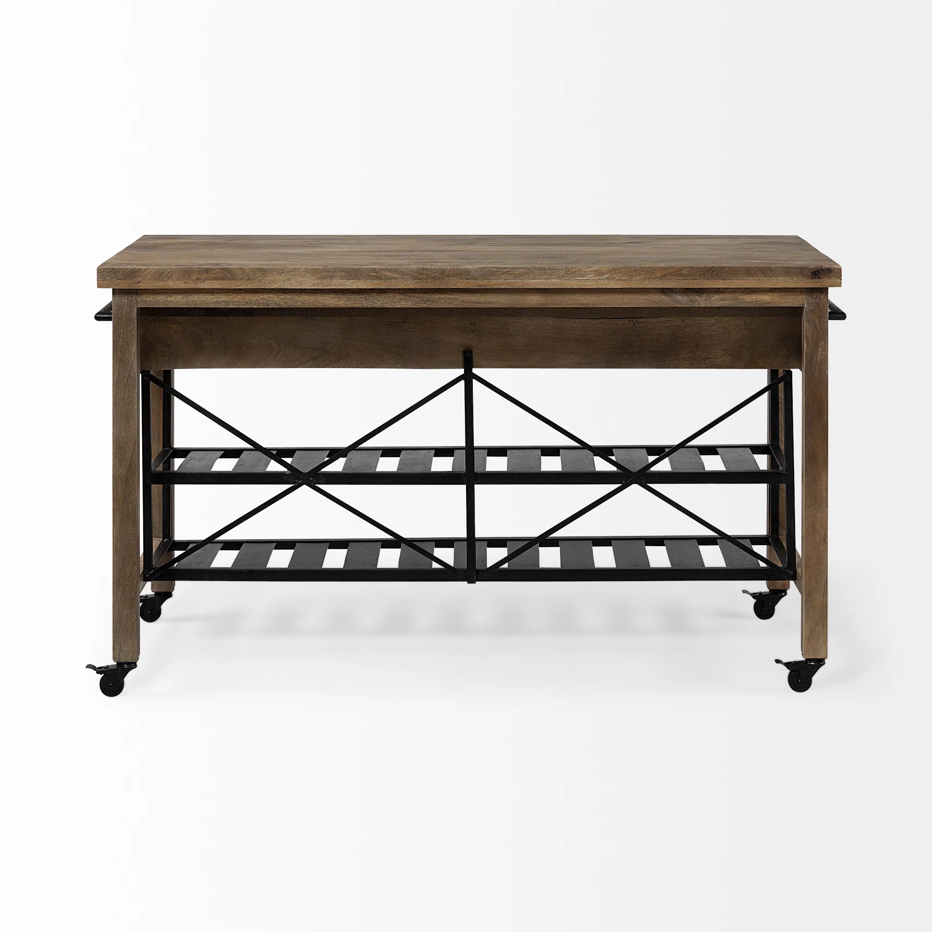 Brown Solid Wood Top Kitchen Island With Two Tier Black Metal Rolling By Homeroots - Image 4