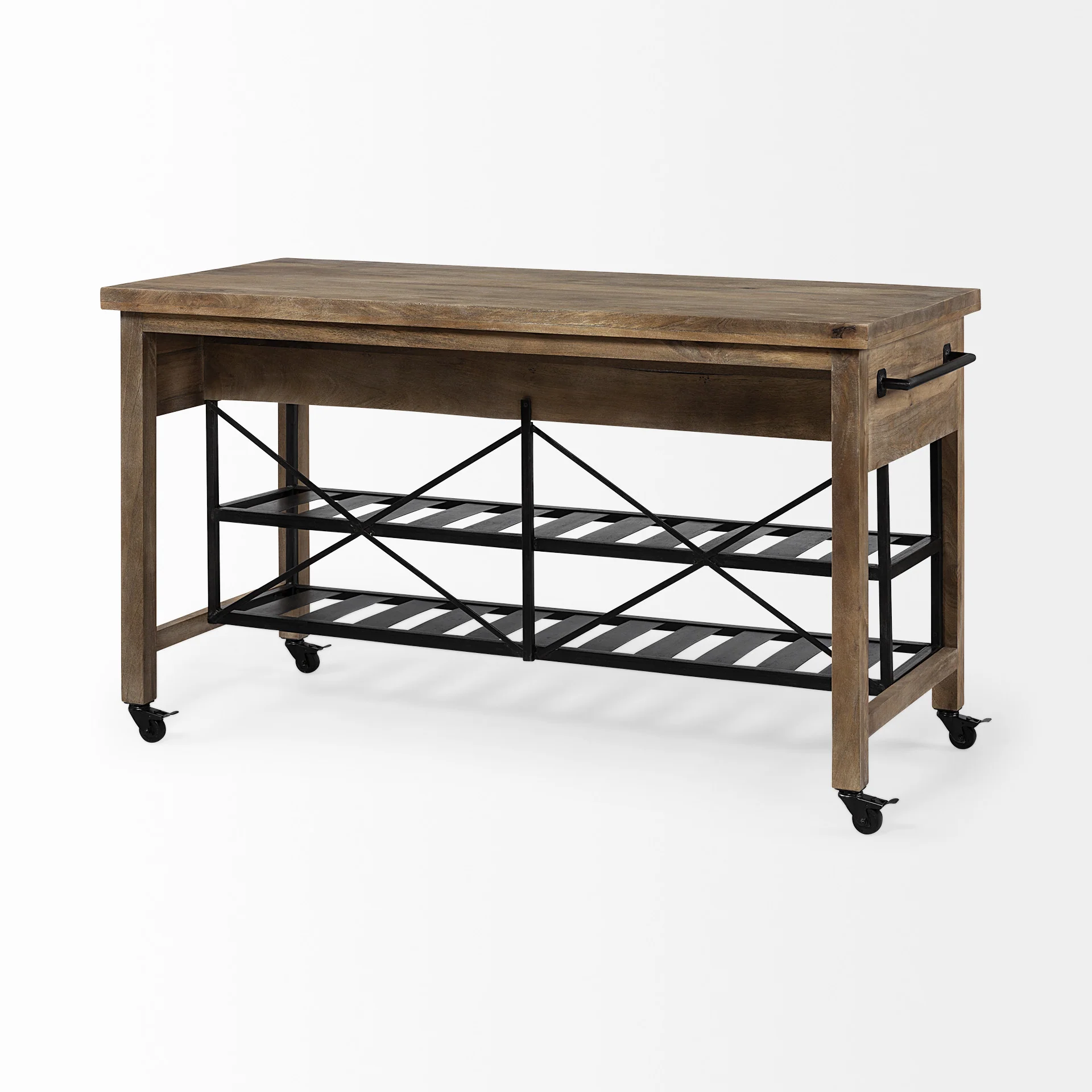 Brown Solid Wood Top Kitchen Island With Two Tier Black Metal Rolling By Homeroots - Image 5
