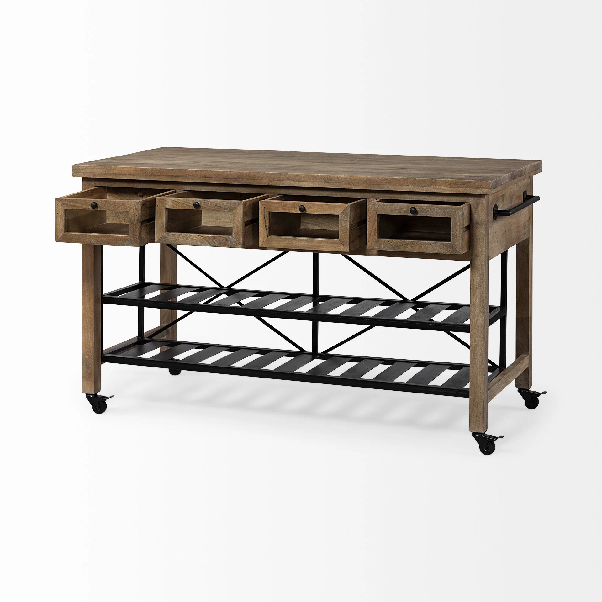 Brown Solid Wood Top Kitchen Island With Two Tier Black Metal Rolling By Homeroots - Image 6