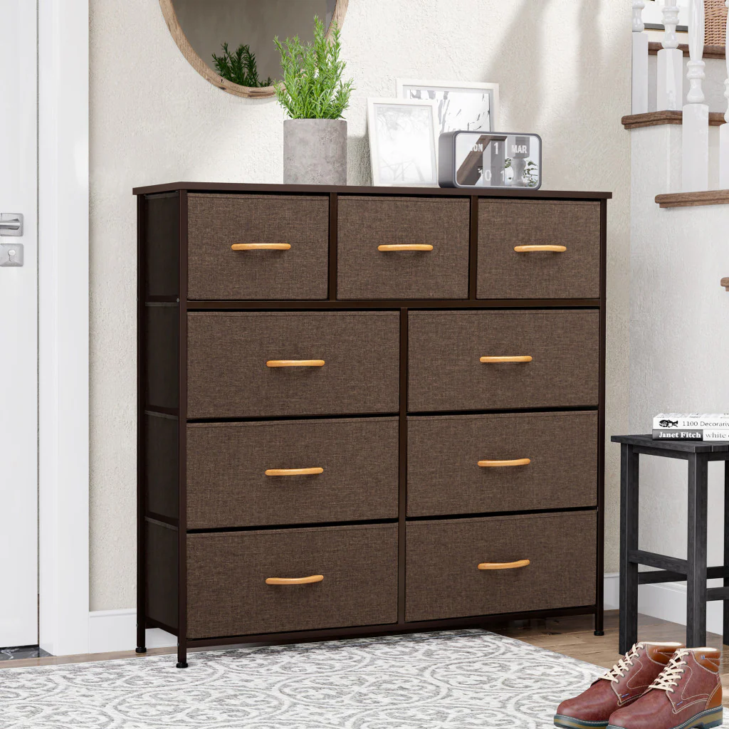 Brown Steel and Fabric Nine Drawer Triple Dresser By Homeroots - Image 3