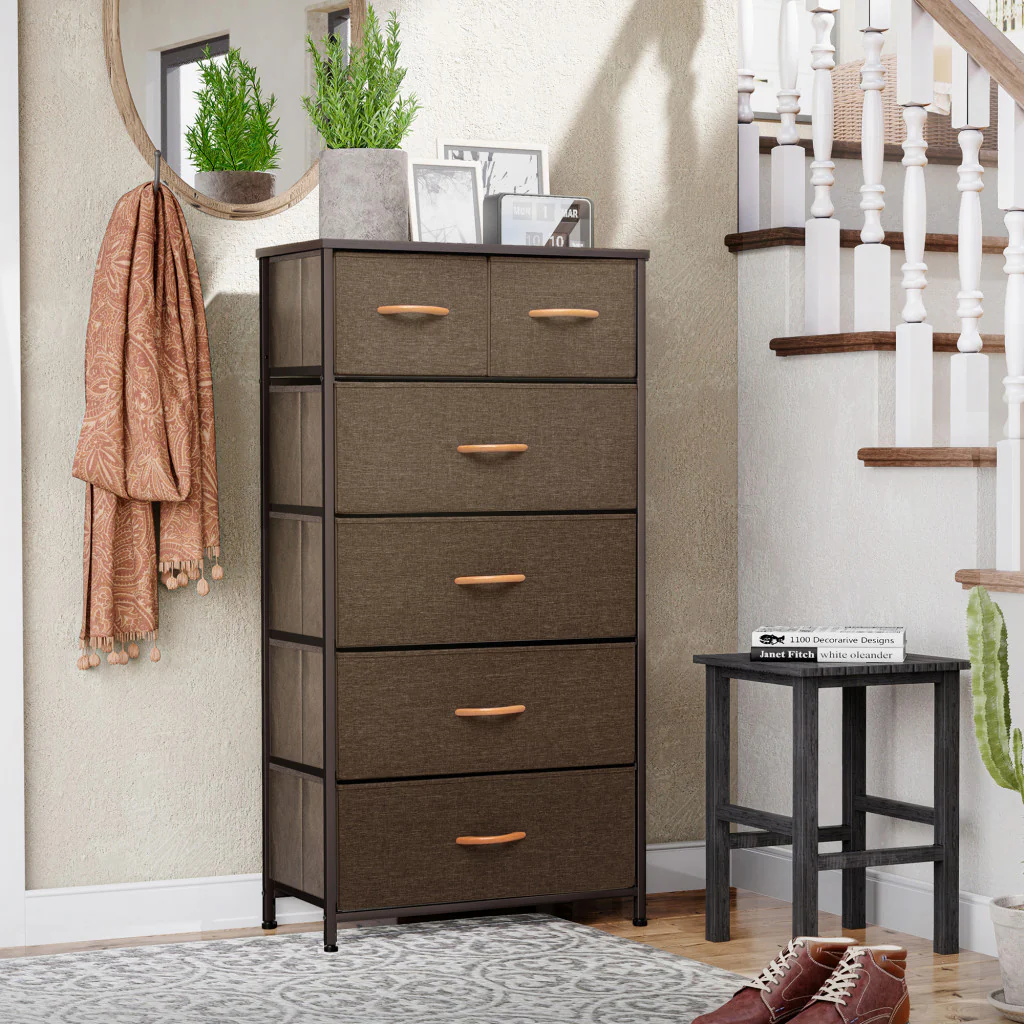 Brown Steel and Fabric Six Drawer Combo Dresser By Homeroots - Image 3