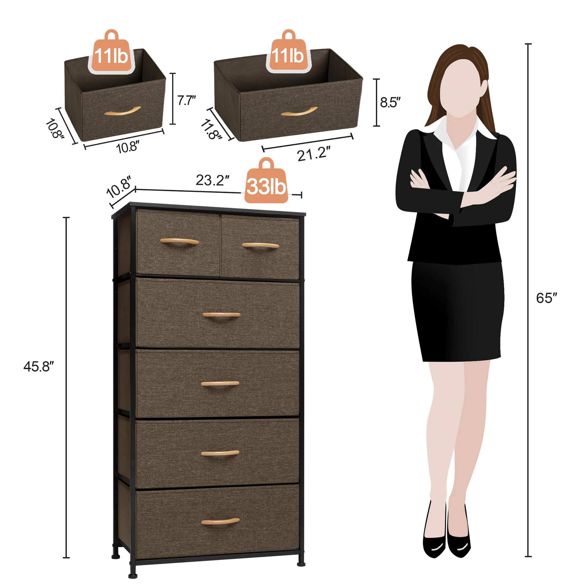Brown Steel and Fabric Six Drawer Combo Dresser By Homeroots - Image 4