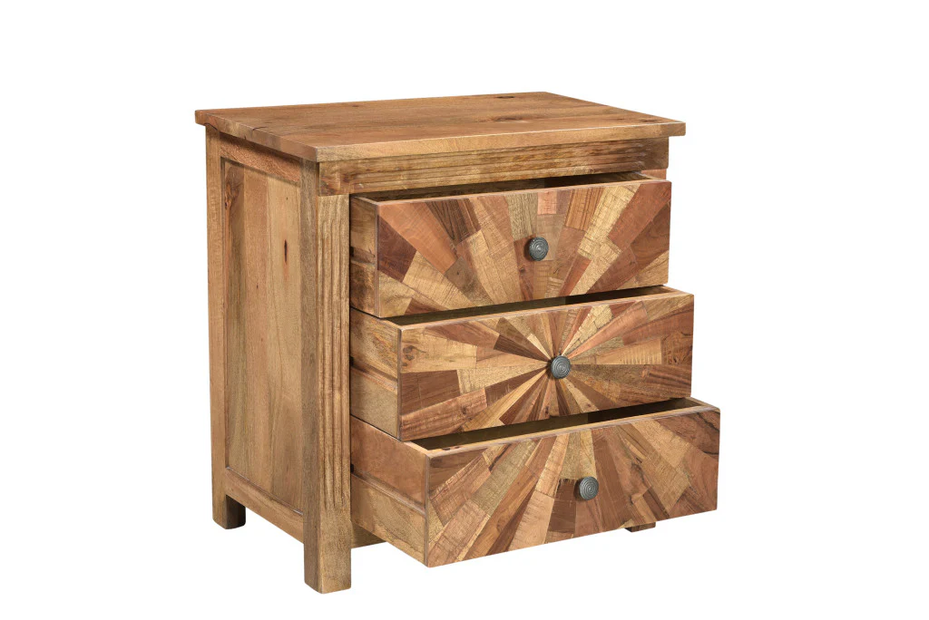 Brown Three Drawer Starburst Pattern Solid Wood Nightstand By Homeroots - Image 2