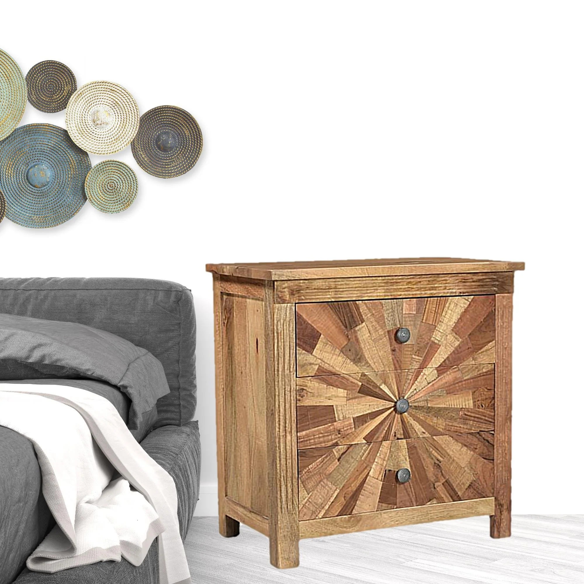 Brown Three Drawer Starburst Pattern Solid Wood Nightstand By Homeroots - Image 4