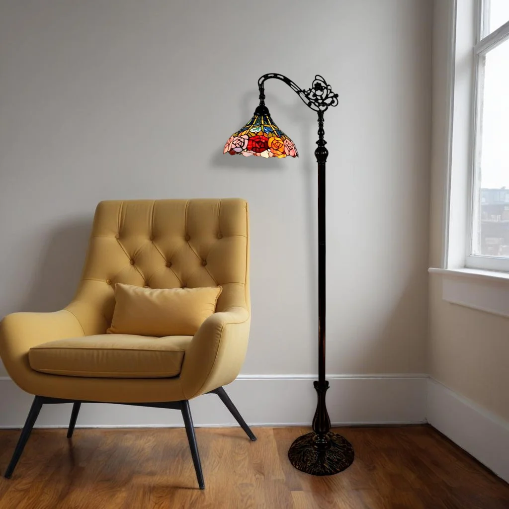 Brown Torchiere Floor Lamp With Blue and Yellow Flowers Glass Dome Shade By Homeroots - Image 2