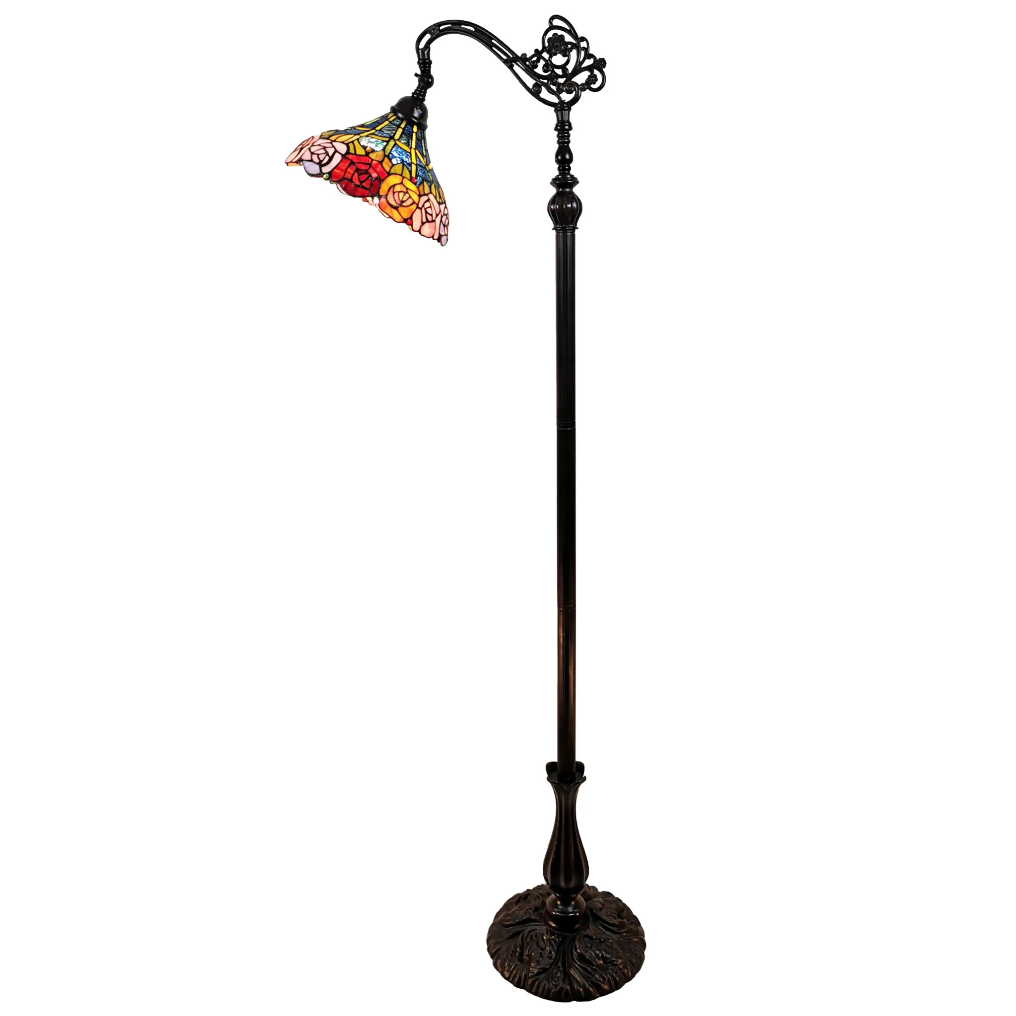 Brown Torchiere Floor Lamp With Blue and Yellow Flowers Glass Dome Shade By Homeroots - Image 4