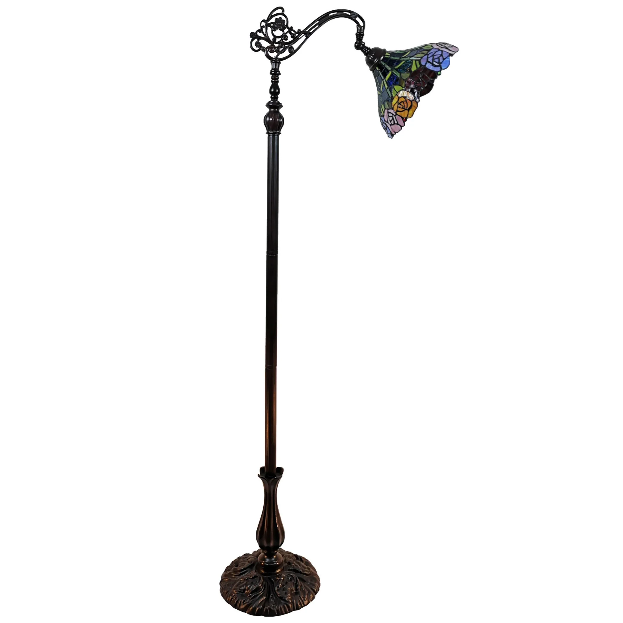 Brown Torchiere Floor Lamp With Blue and Yellow Flowers Glass Dome Shade By Homeroots - Image 5