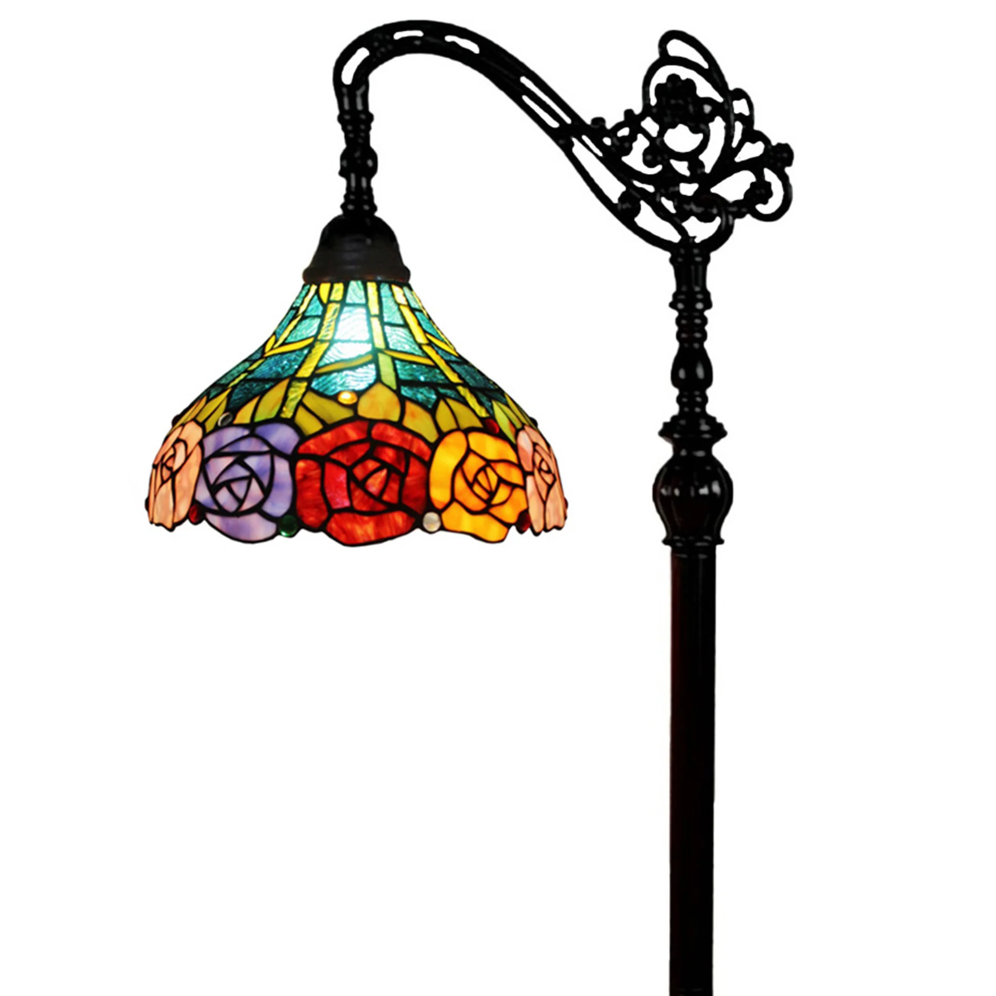 Brown Torchiere Floor Lamp With Blue and Yellow Flowers Glass Dome Shade By Homeroots - Image 7