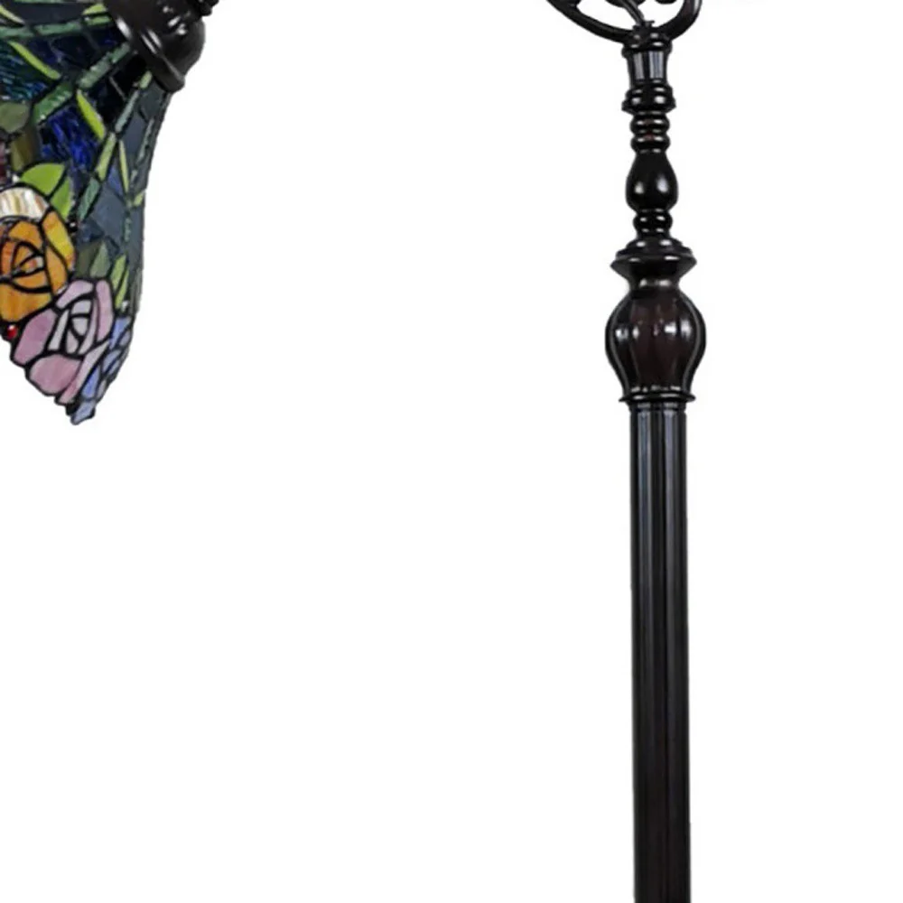 Brown Torchiere Floor Lamp With Blue and Yellow Flowers Glass Dome Shade By Homeroots - Image 8