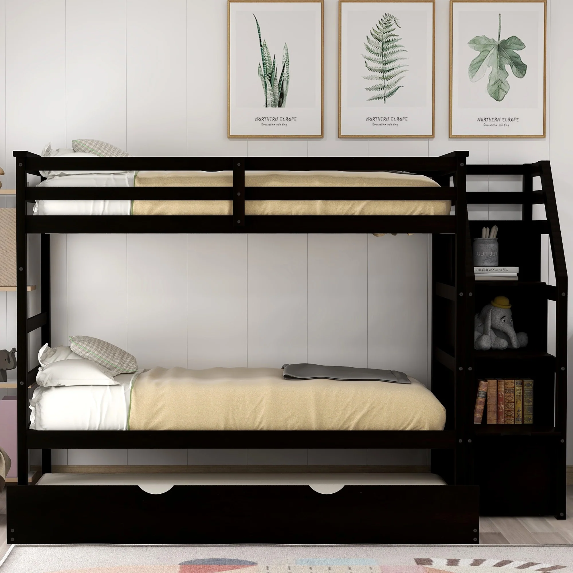 Brown Twin Over Twin Bunk Bed With Trundle By Homeroots - Image 2