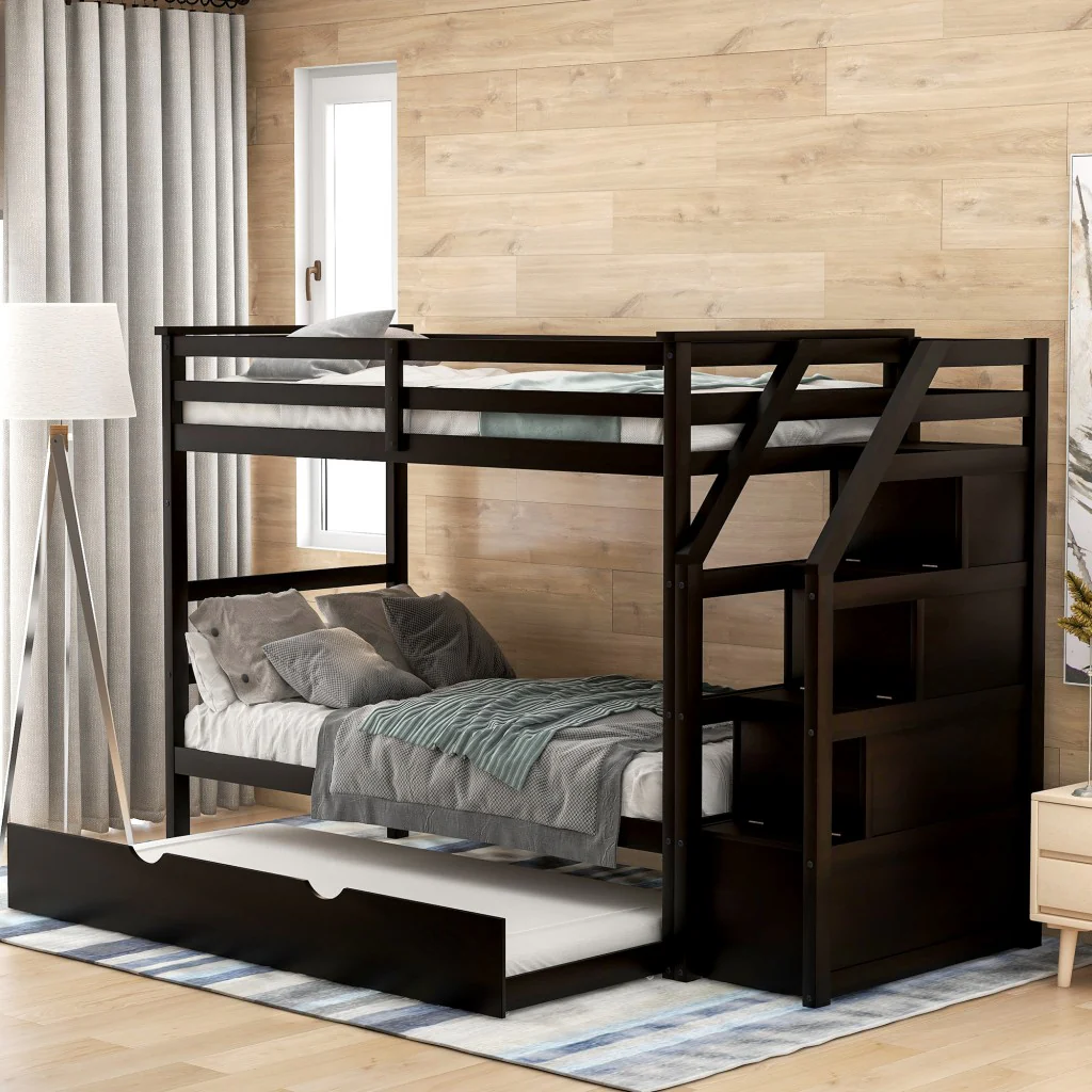 Brown Twin Over Twin Bunk Bed With Trundle By Homeroots - Image 3