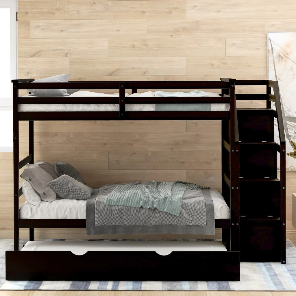 Brown Twin Over Twin Bunk Bed With Trundle By Homeroots - Image 4