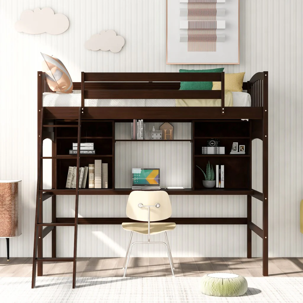 Brown Twin Size Loft Bed With Desk And Shelves By Homeroots - Image 2
