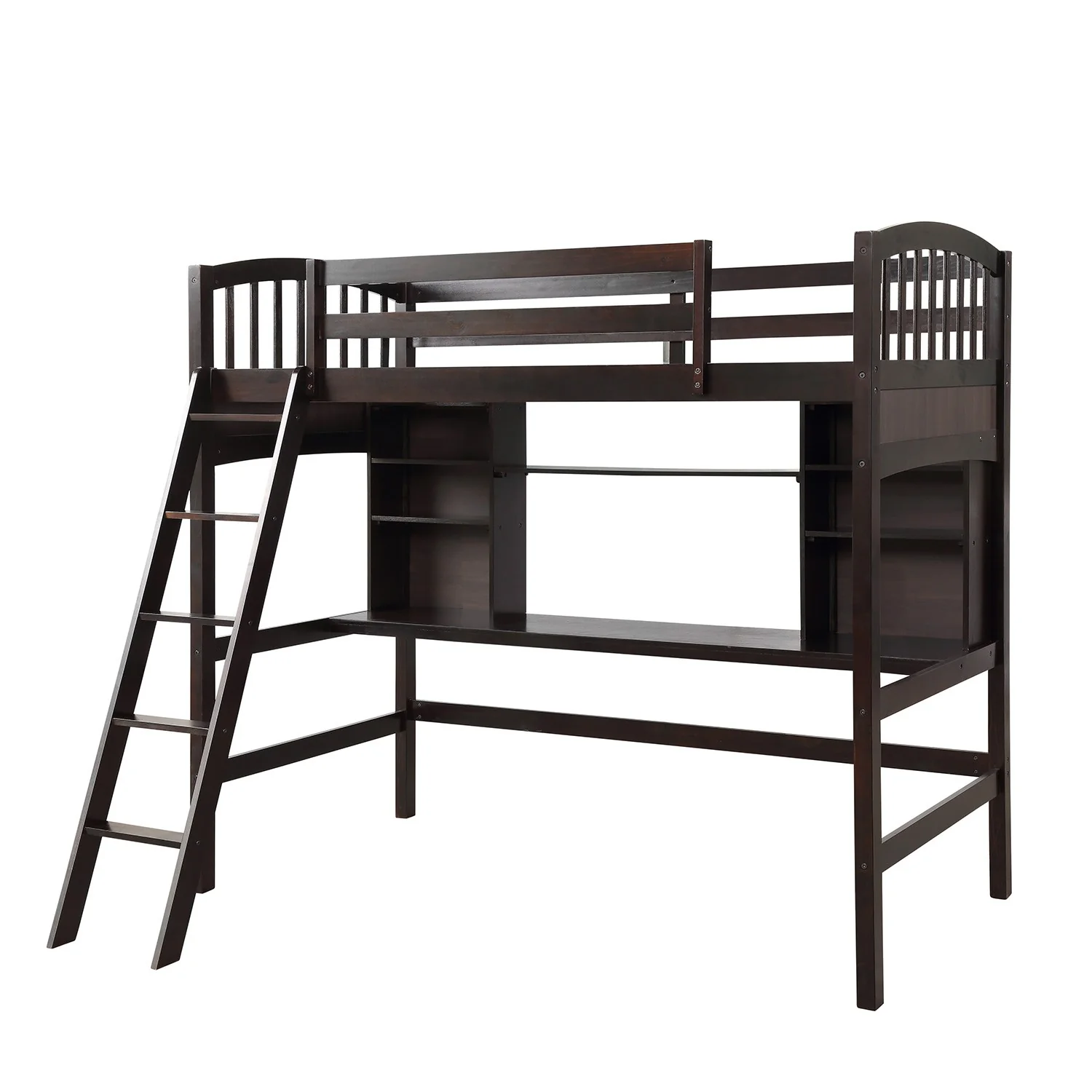 Brown Twin Size Loft Bed With Desk And Shelves By Homeroots - Image 3
