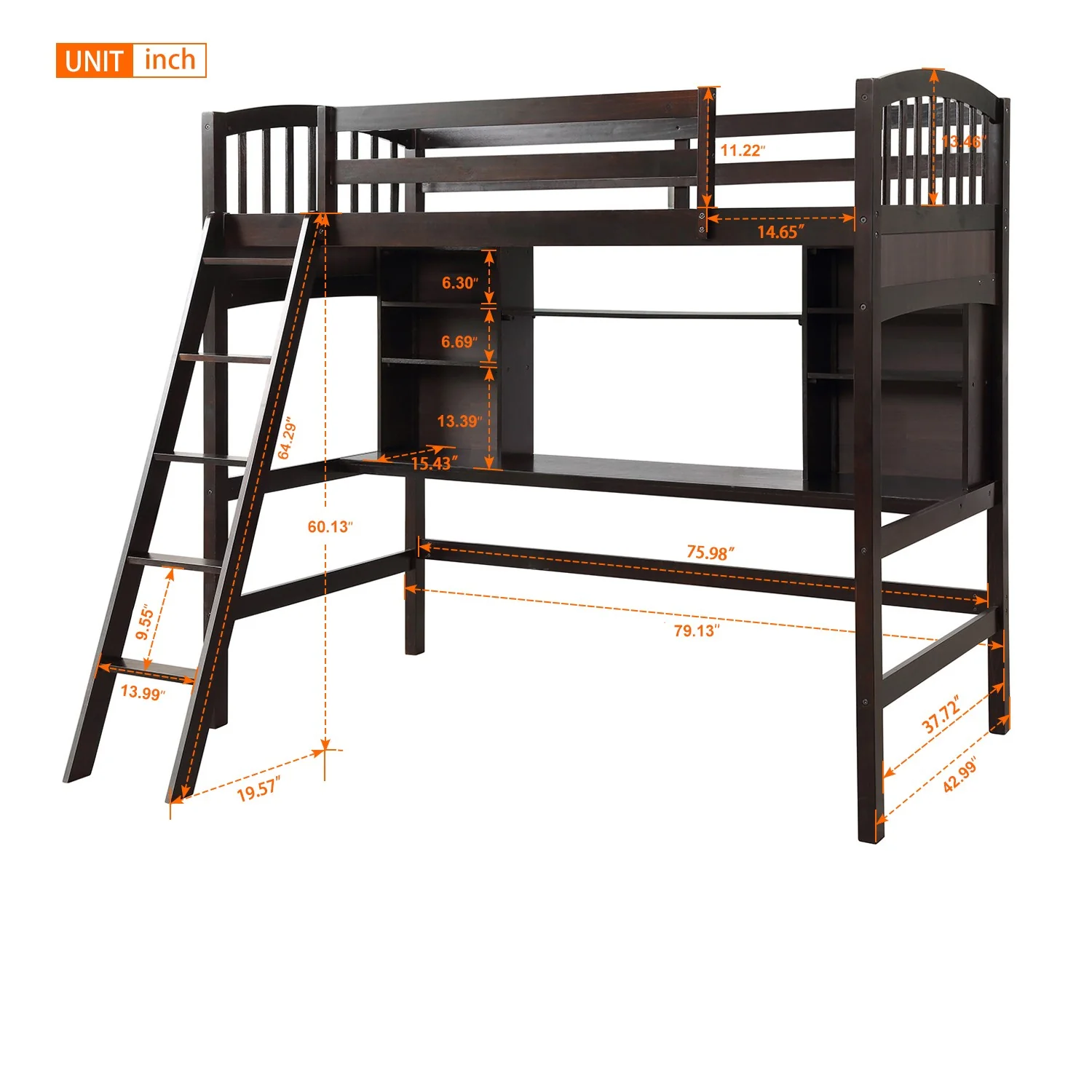 Brown Twin Size Loft Bed With Desk And Shelves By Homeroots - Image 6
