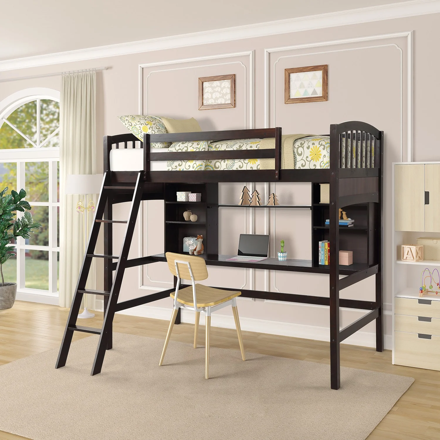 Brown Twin Size Loft Bed With Desk And Shelves By Homeroots - Image 9