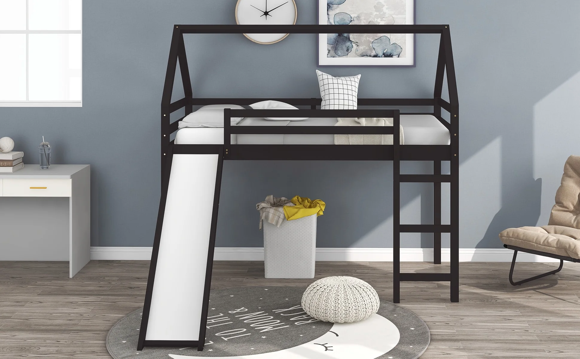 Brown Twin Size Slide House Loft Bed By Homeroots - Image 3