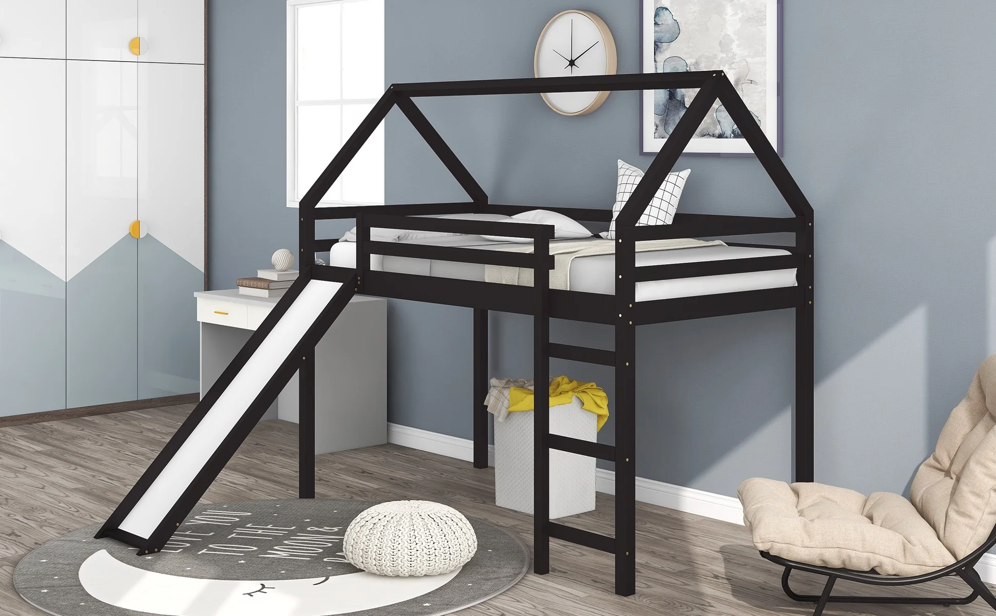 Brown Twin Size Slide House Loft Bed By Homeroots - Image 4