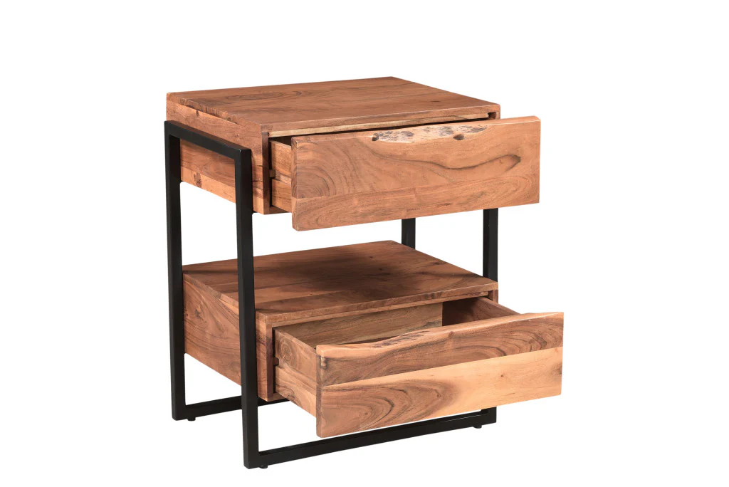 Brown Two Drawer Wood and Metal Nightstand By Homeroots - Image 3