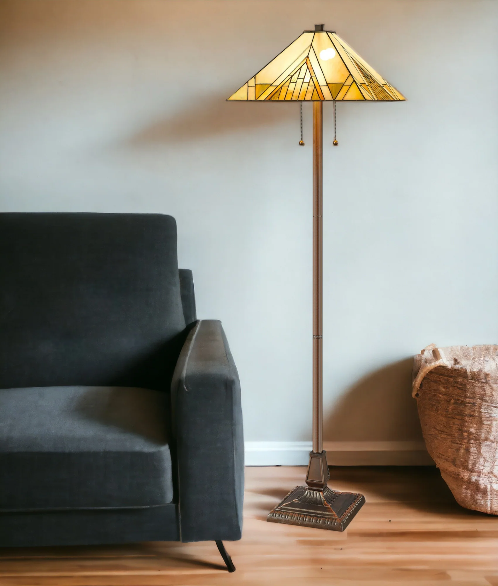 Brown Two Light Beige And Brown Geometric Stained Glass Floor Lamp By Homeroots - Image 2