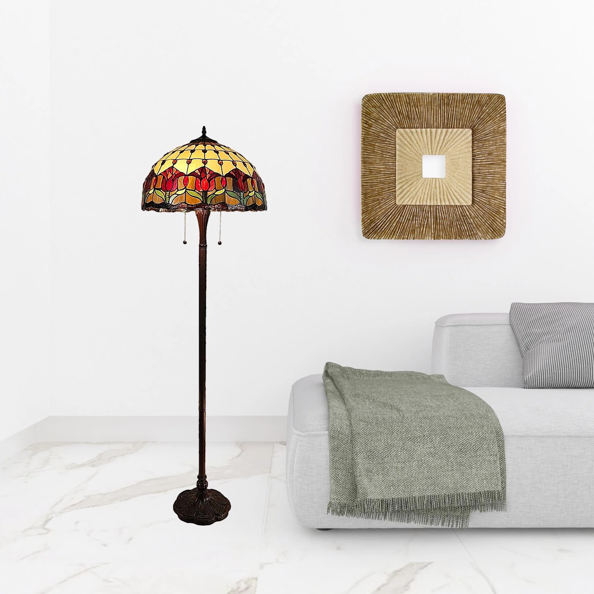 Brown Two Light Traditional Shaped Floor Lamp With Red Flowers Stained Glass Dome Shade By Homeroots - Image 2