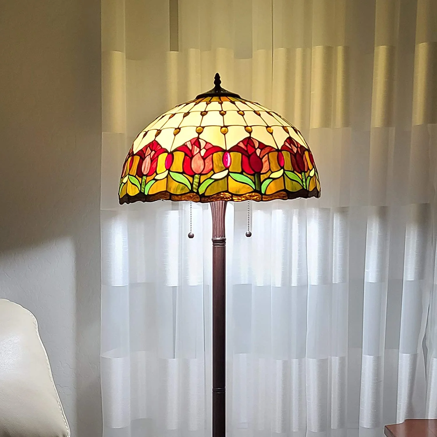 Brown Two Light Traditional Shaped Floor Lamp With Red Flowers Stained Glass Dome Shade By Homeroots - Image 4