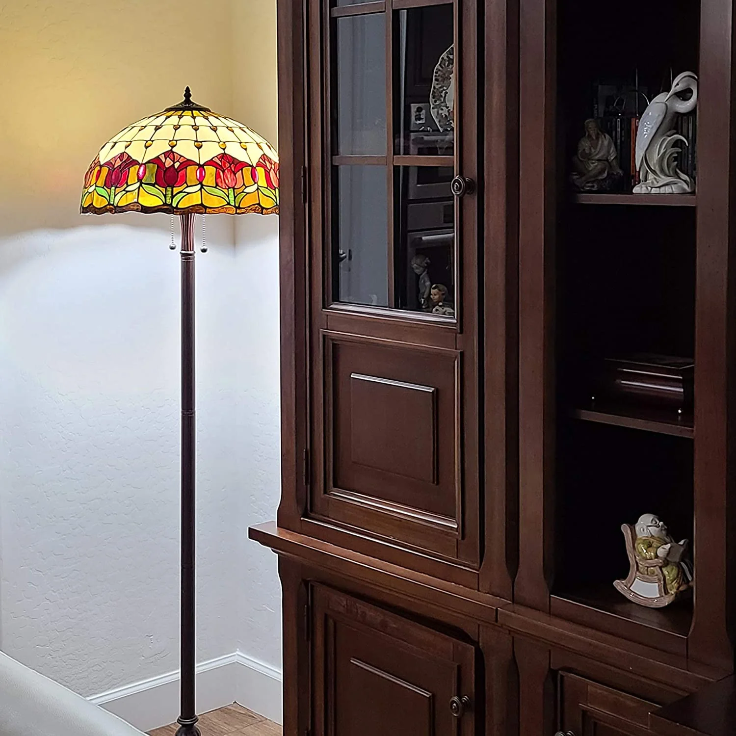 Brown Two Light Traditional Shaped Floor Lamp With Red Flowers Stained Glass Dome Shade By Homeroots - Image 5