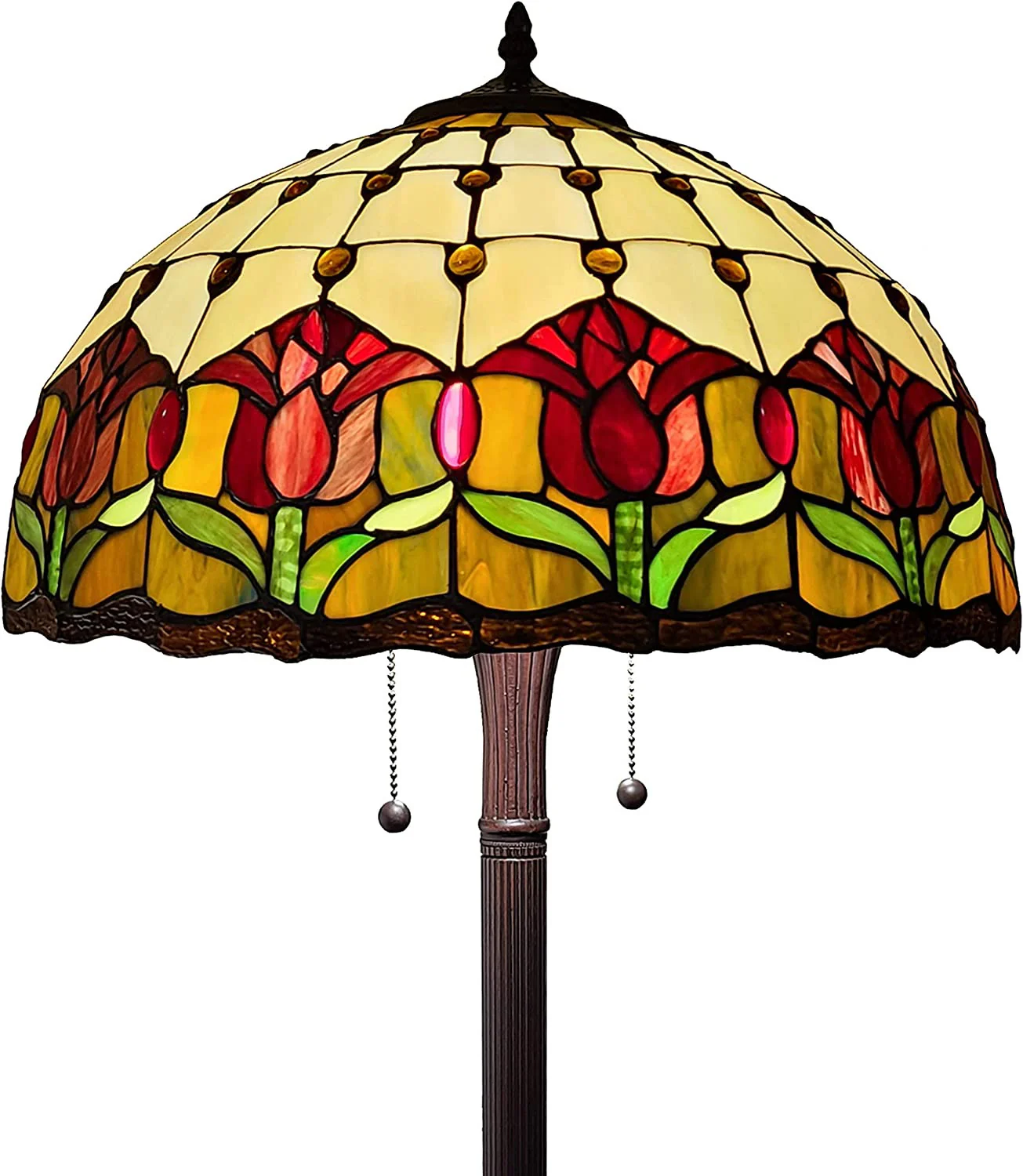 Brown Two Light Traditional Shaped Floor Lamp With Red Flowers Stained Glass Dome Shade By Homeroots - Image 6