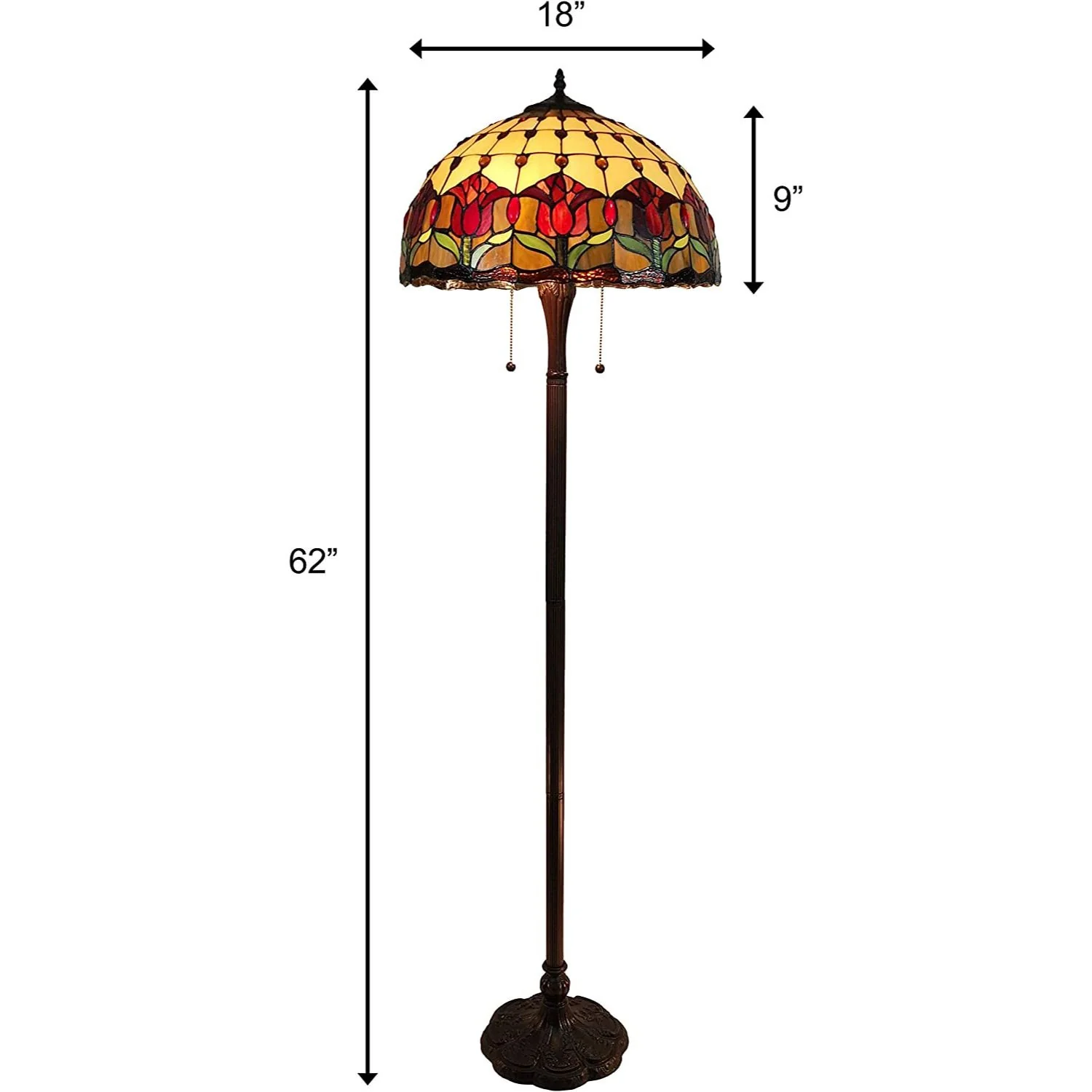 Brown Two Light Traditional Shaped Floor Lamp With Red Flowers Stained Glass Dome Shade By Homeroots - Image 7