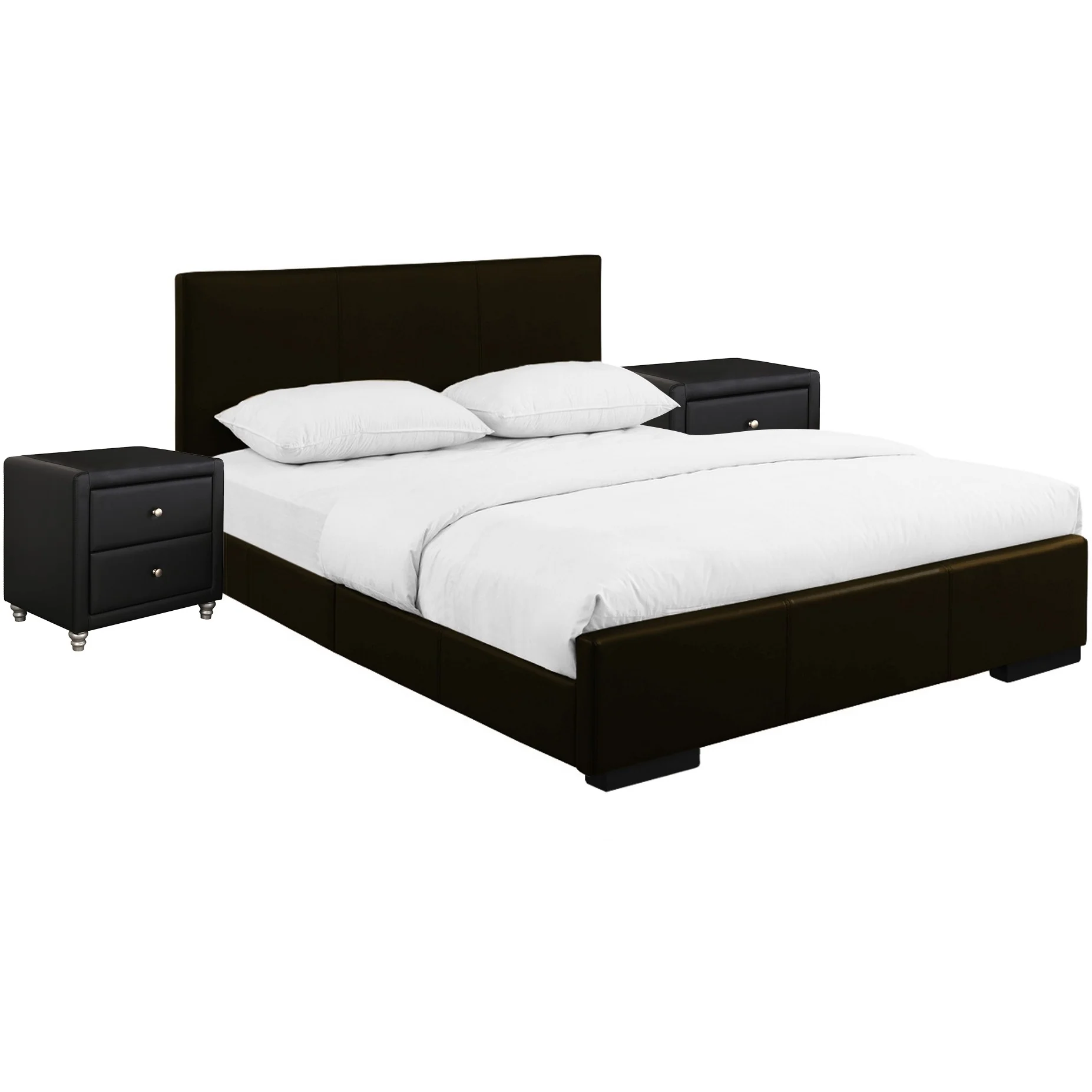 Brown Upholstered Platform Queen Bed With Two Nightstands By Homeroots - Image 3