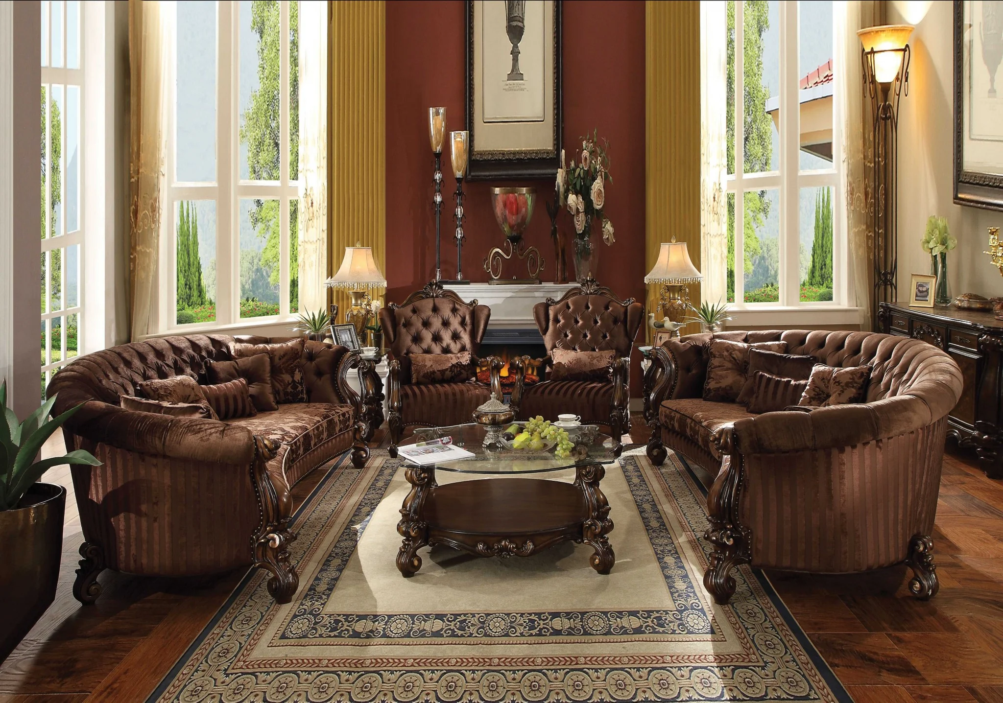Brown Velvet Cherry Oak Upholstery Poly Resin Sofa w Pillows By Homeroots - Image 2