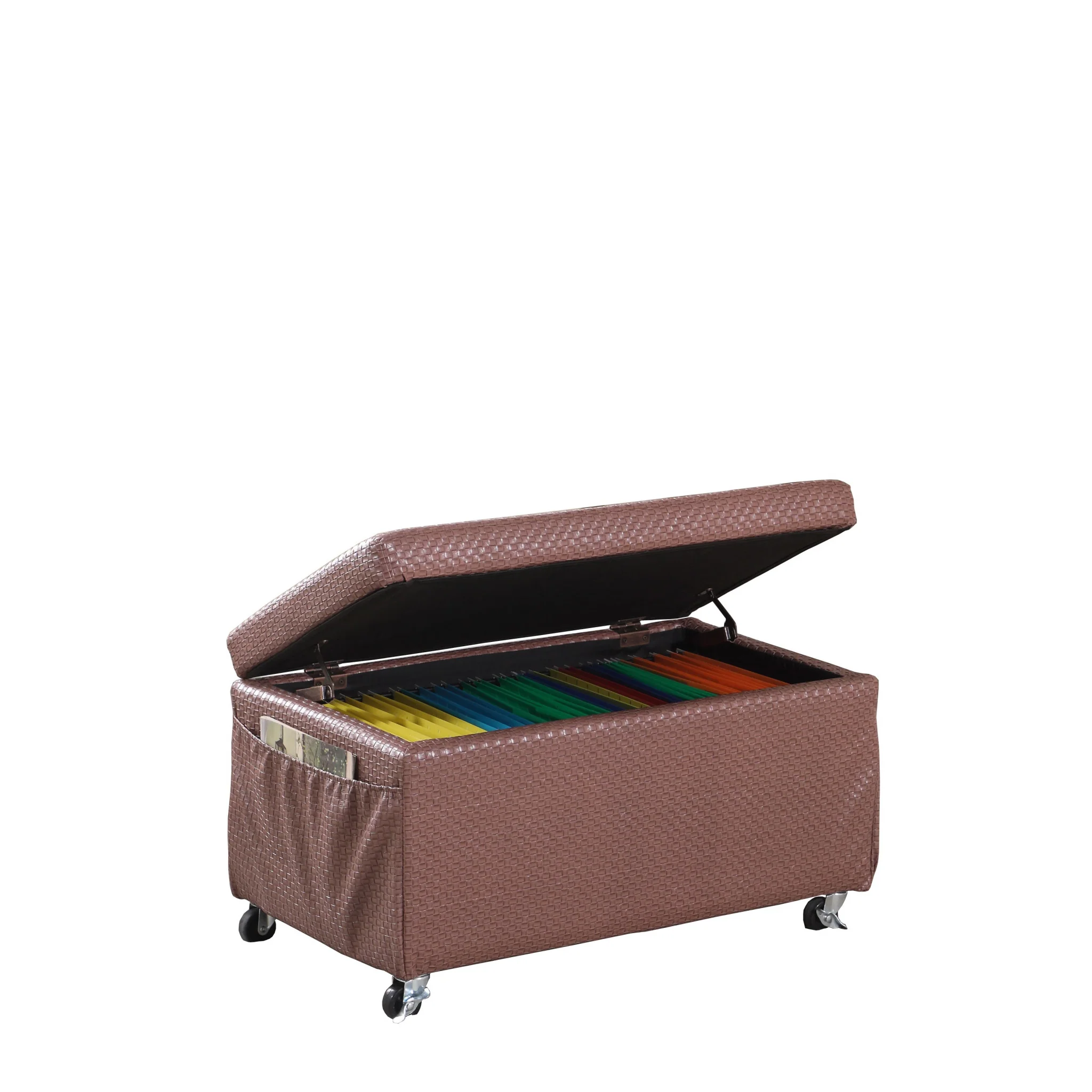 Brown Weave Faux Leather Rolling Storage Ottoman with Pockets By Homeroots - Image 2