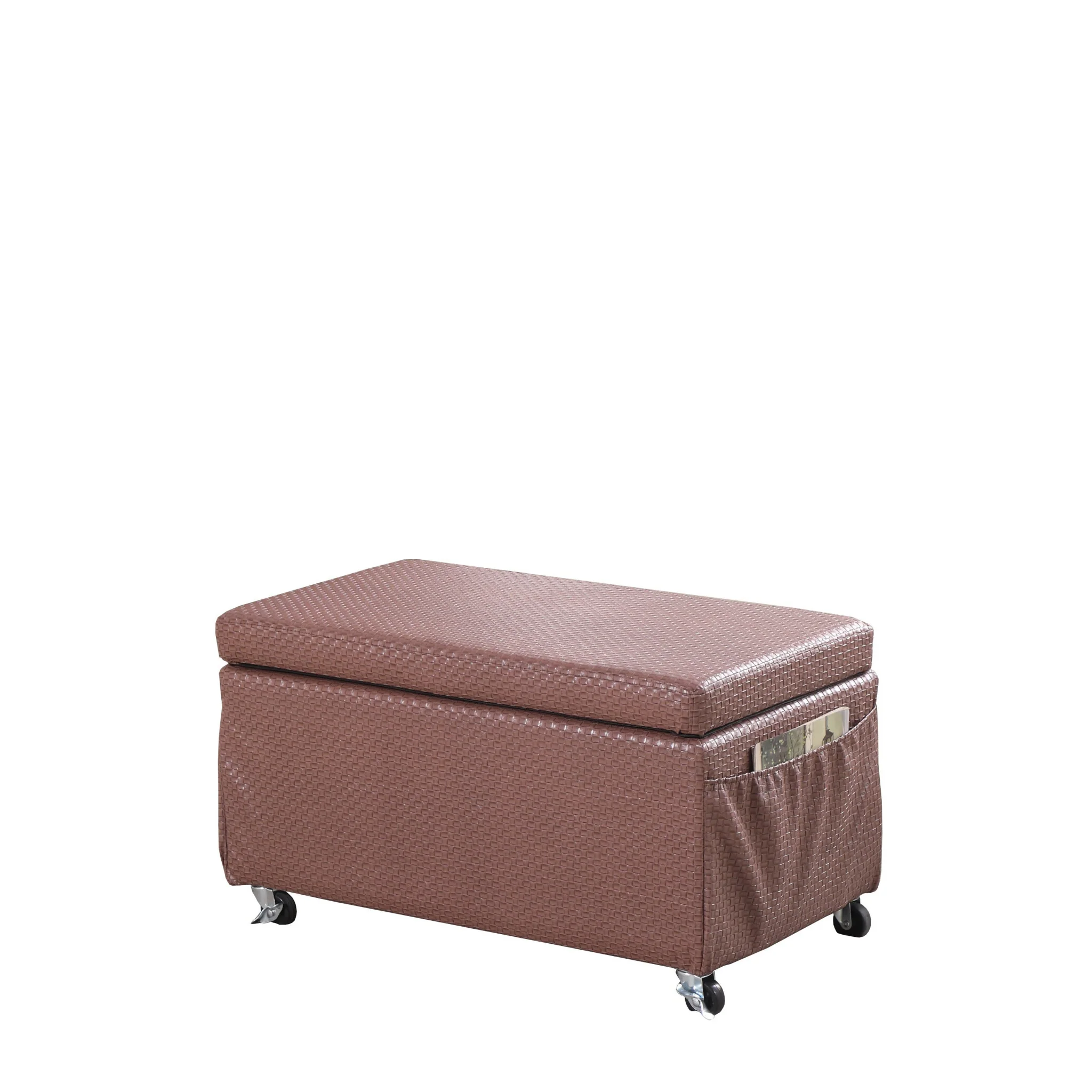 Brown Weave Faux Leather Rolling Storage Ottoman with Pockets By Homeroots - Image 3