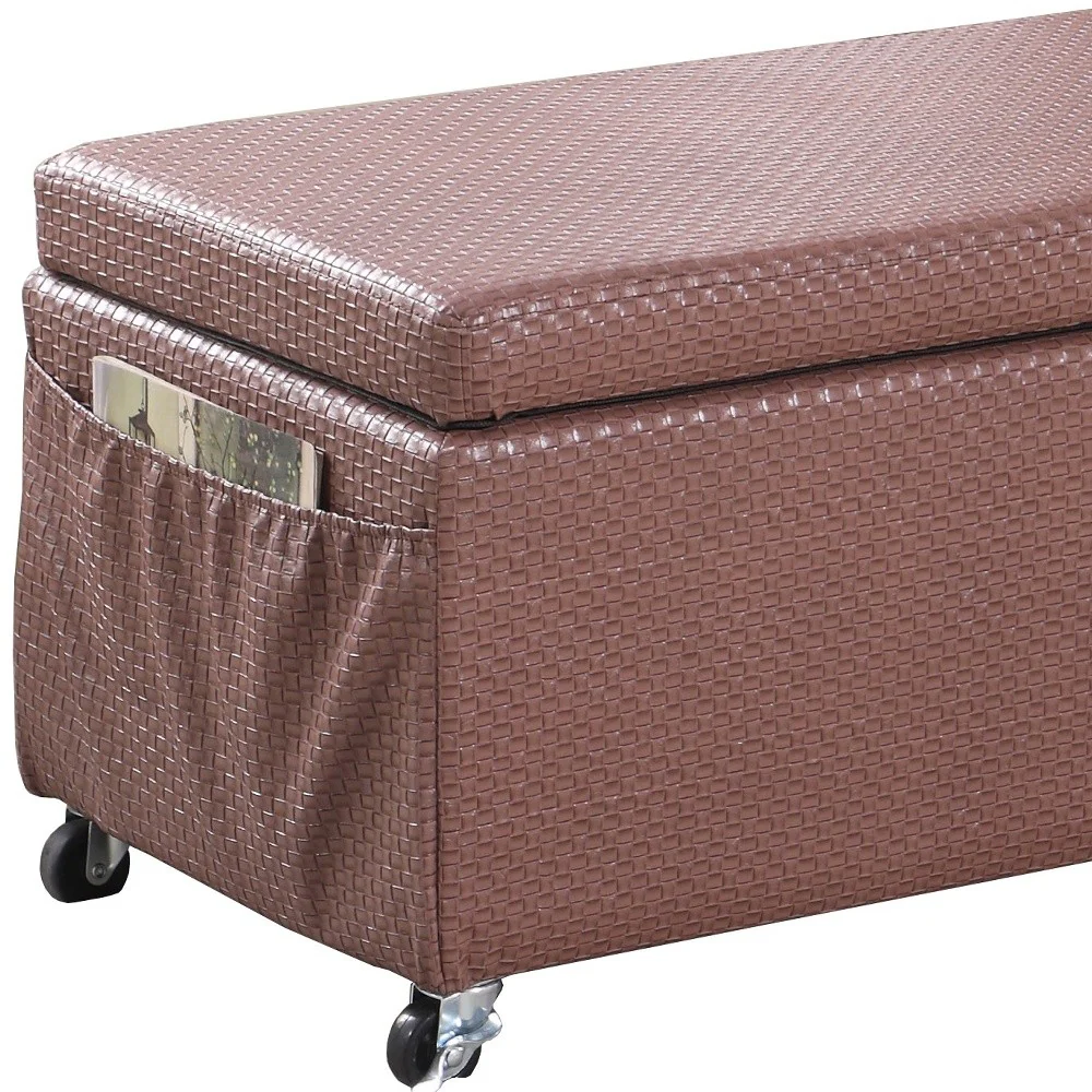 Brown Weave Faux Leather Rolling Storage Ottoman with Pockets By Homeroots - Image 4