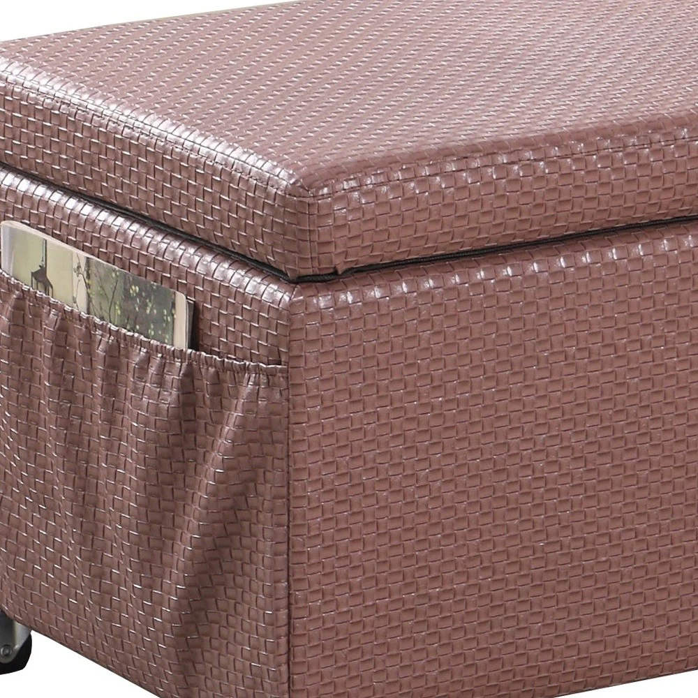 Brown Weave Faux Leather Rolling Storage Ottoman with Pockets By Homeroots - Image 5