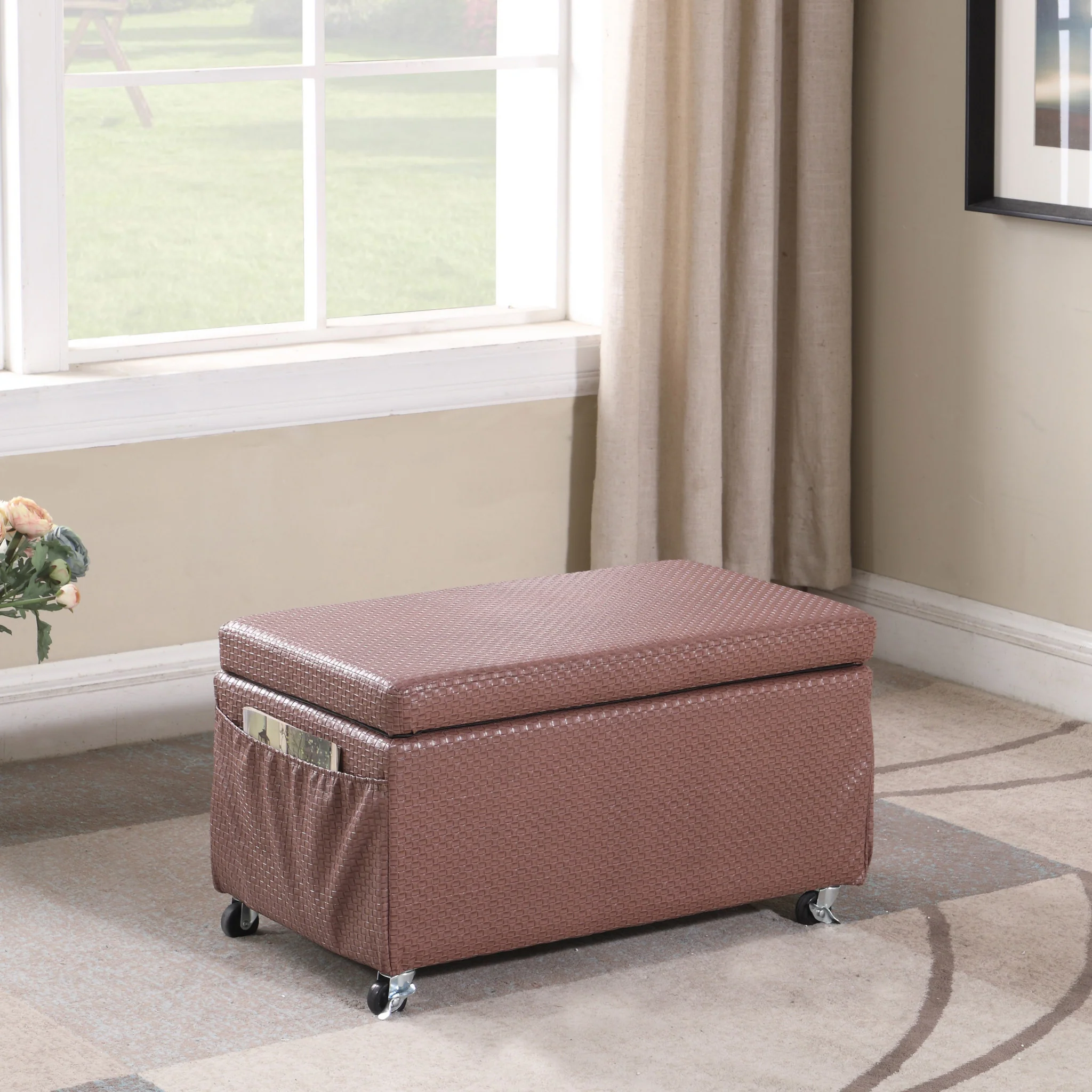 Brown Weave Faux Leather Rolling Storage Ottoman with Pockets By Homeroots - Image 6