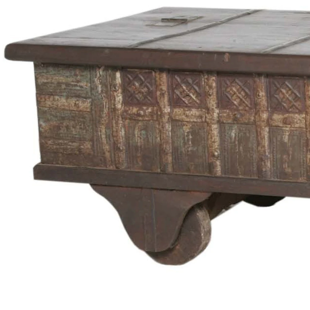 Brown Wheel Antique Coffee Table By Homeroots - Image 3