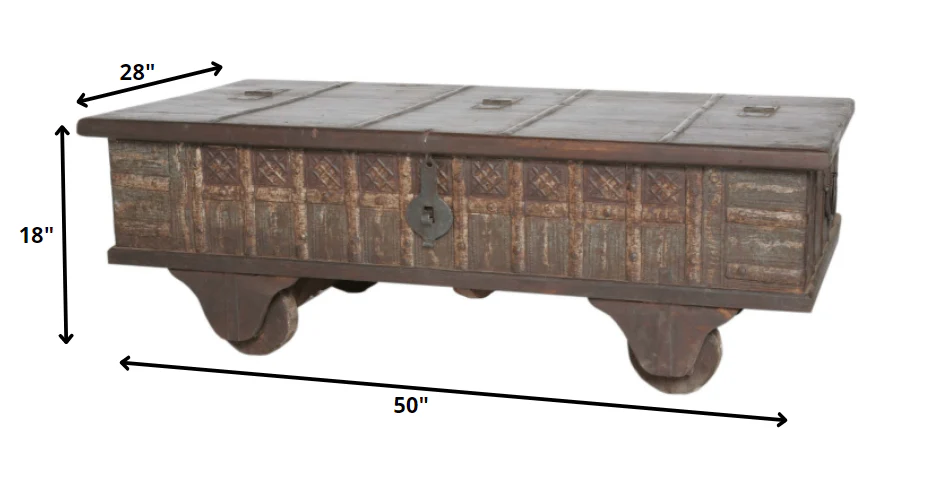 Brown Wheel Antique Coffee Table By Homeroots - Image 4