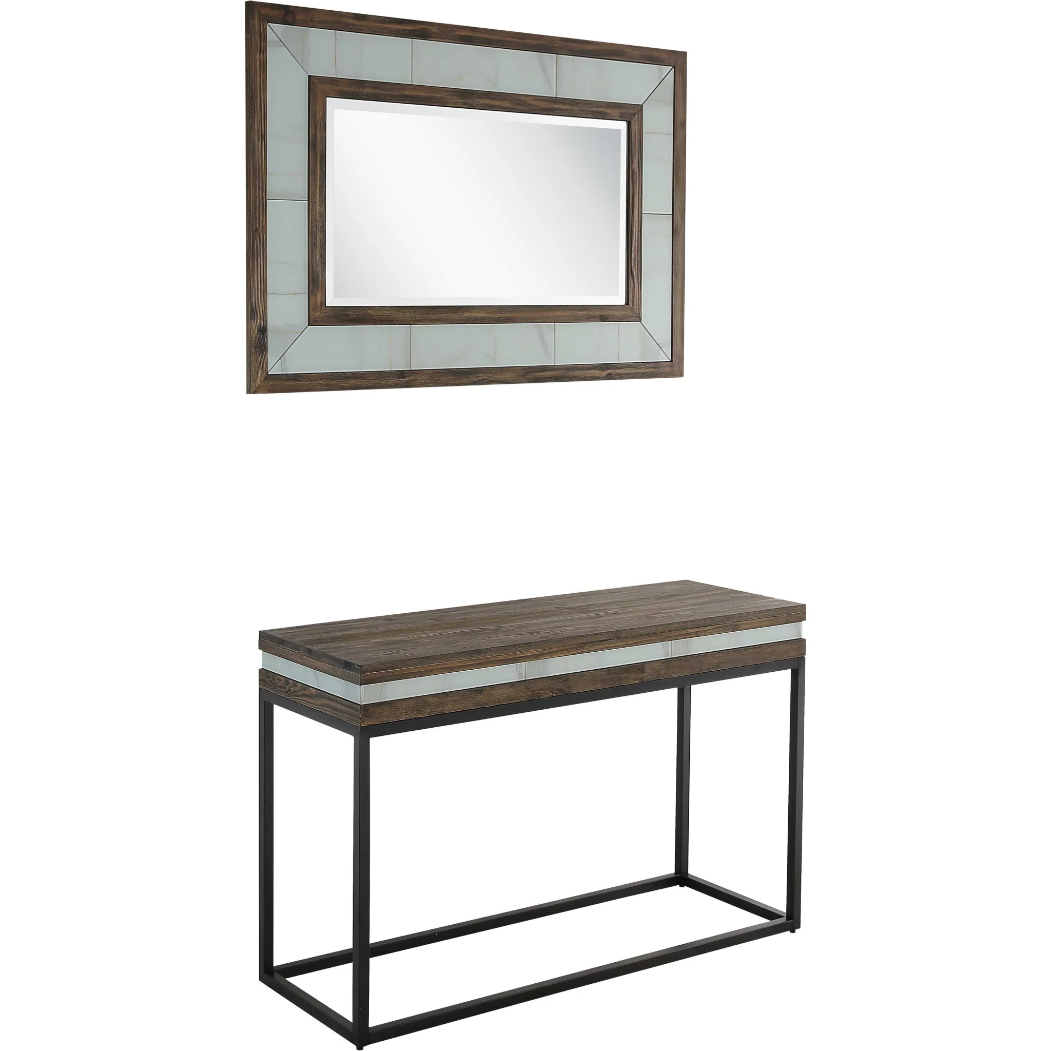 Brown White and Black Solid Wood And Faux Marble Sled Console Table By Homeroots - Image 2