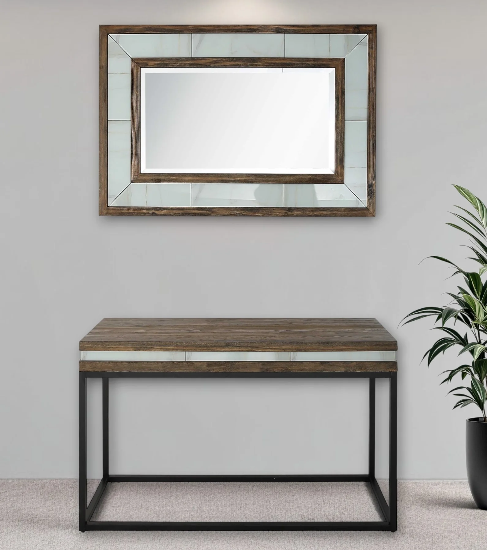 Brown White and Black Solid Wood And Faux Marble Sled Console Table By Homeroots - Image 7