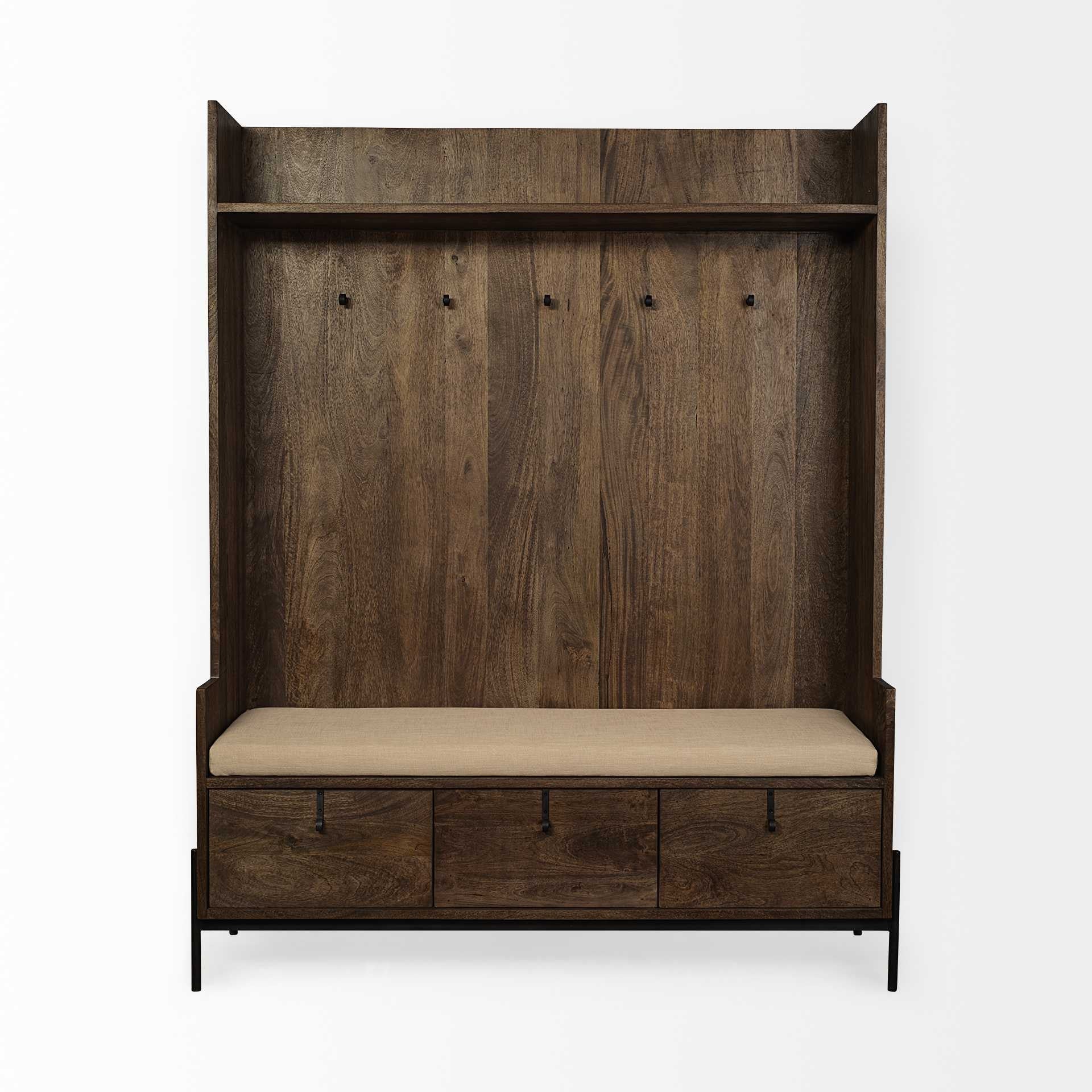 Brown Wood Cream Fabric Wrapped Seat Hall Tree with Storage By Homeroots - Image 2