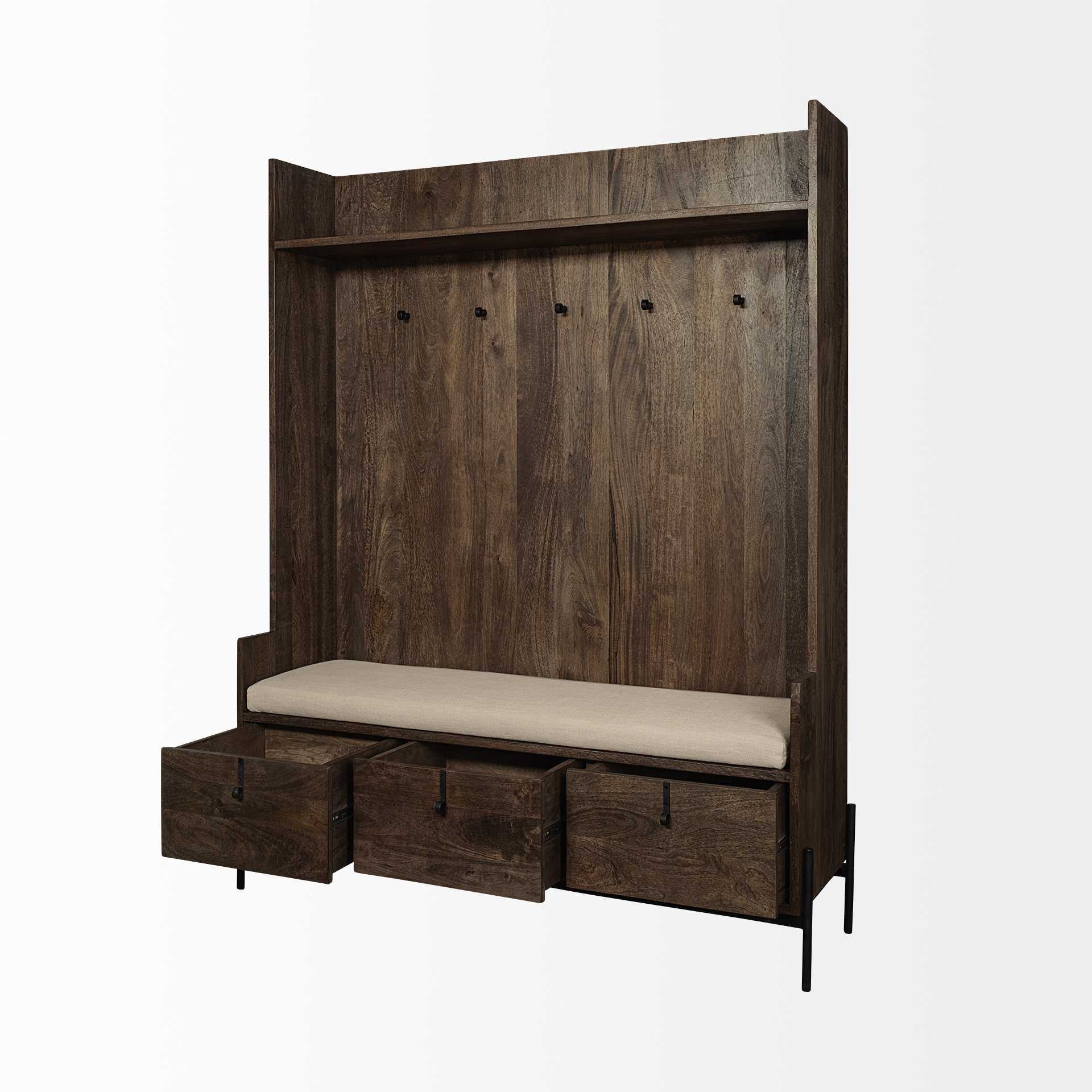 Brown Wood Cream Fabric Wrapped Seat Hall Tree with Storage By Homeroots - Image 5