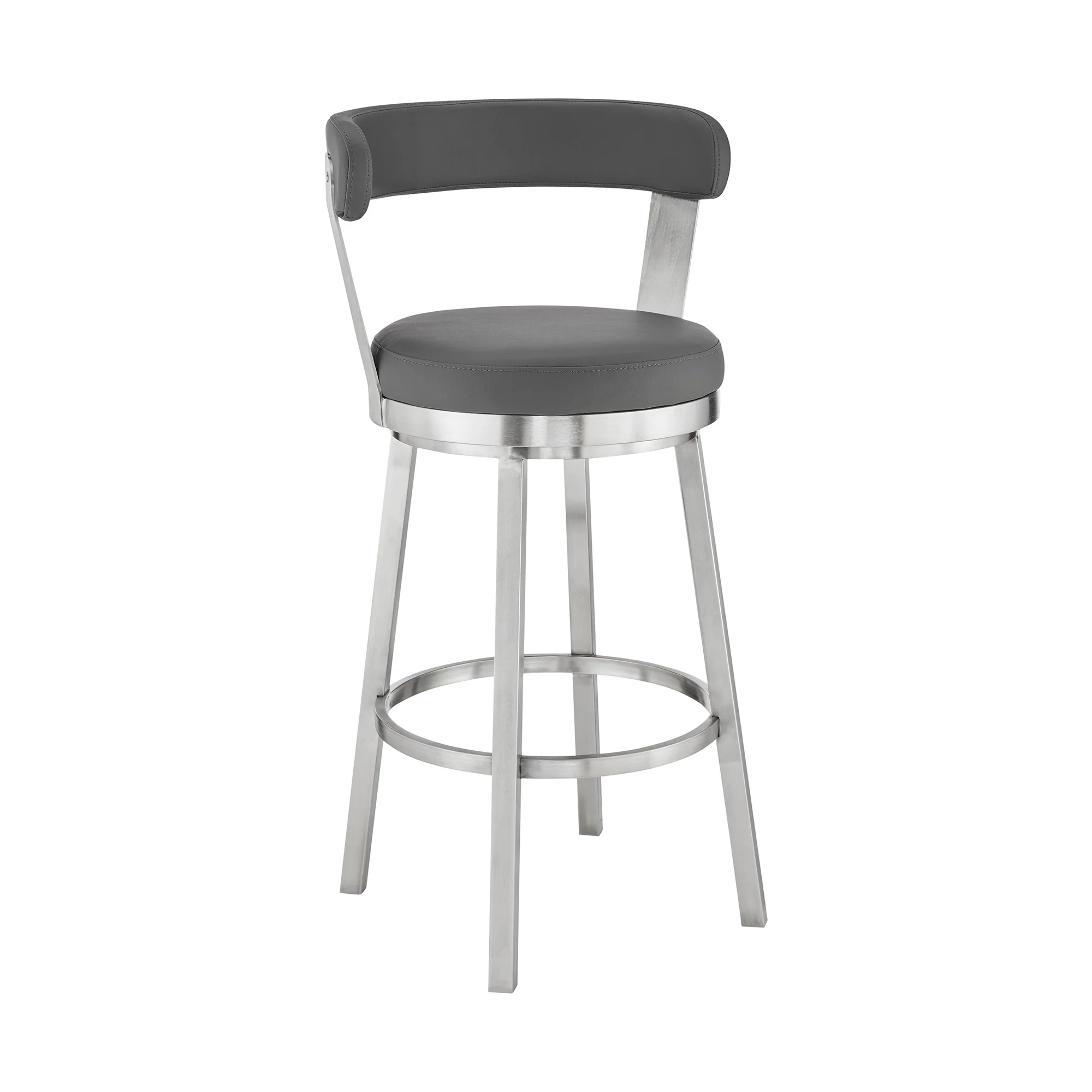 Bryant 26" Counter Height Swivel Bar Stool in Brushed Stainless Steel Finish and Gray Faux Leather By Armen Living - Image 2