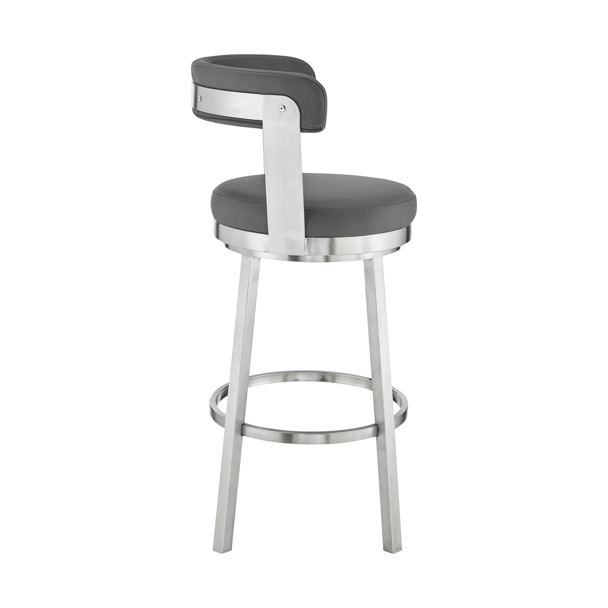 Bryant 26" Counter Height Swivel Bar Stool in Brushed Stainless Steel Finish and Gray Faux Leather By Armen Living - Image 4