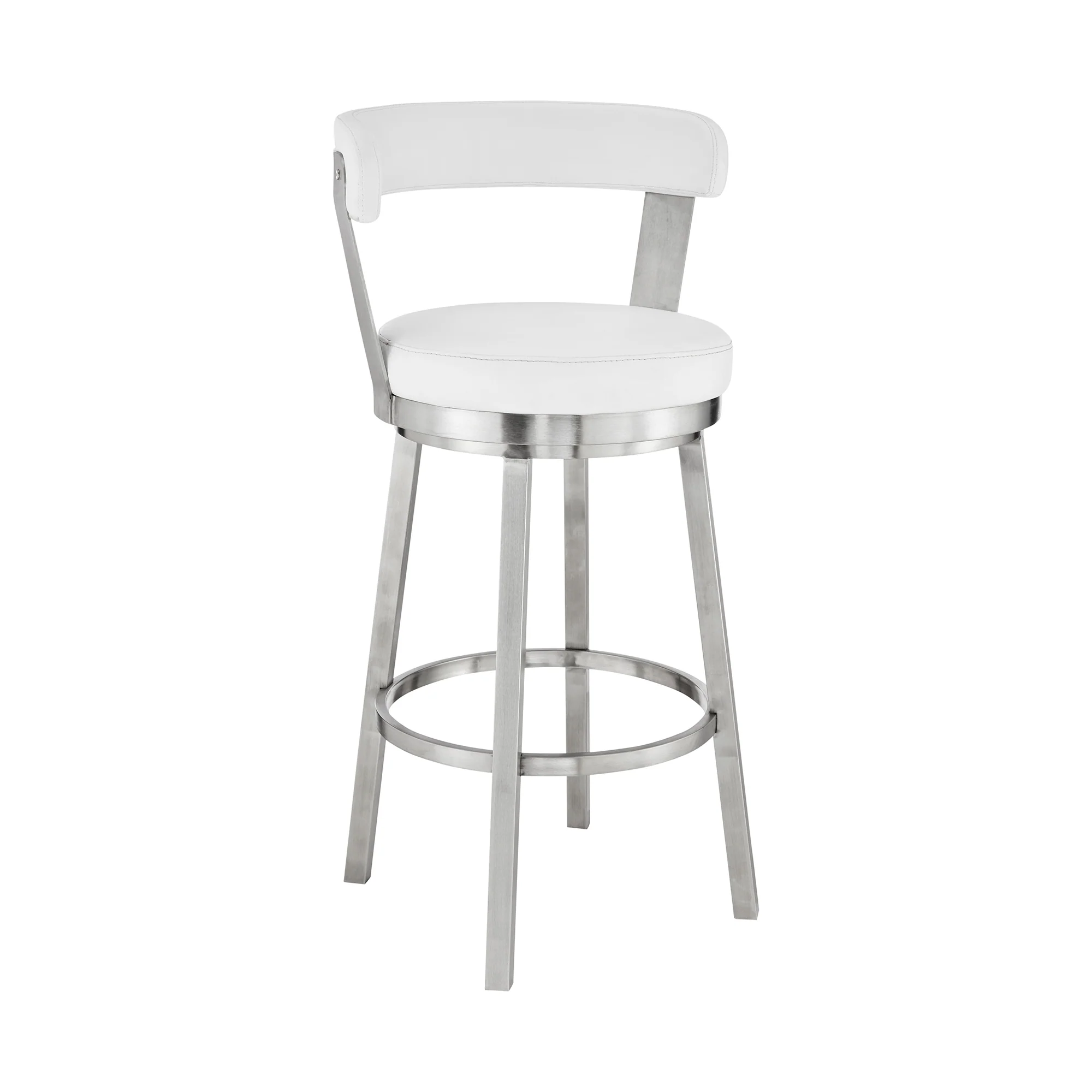 Bryant 26" Counter Height Swivel Bar Stool in Brushed Stainless Steel Finish and White Faux Leather By Armen Living - Image 2