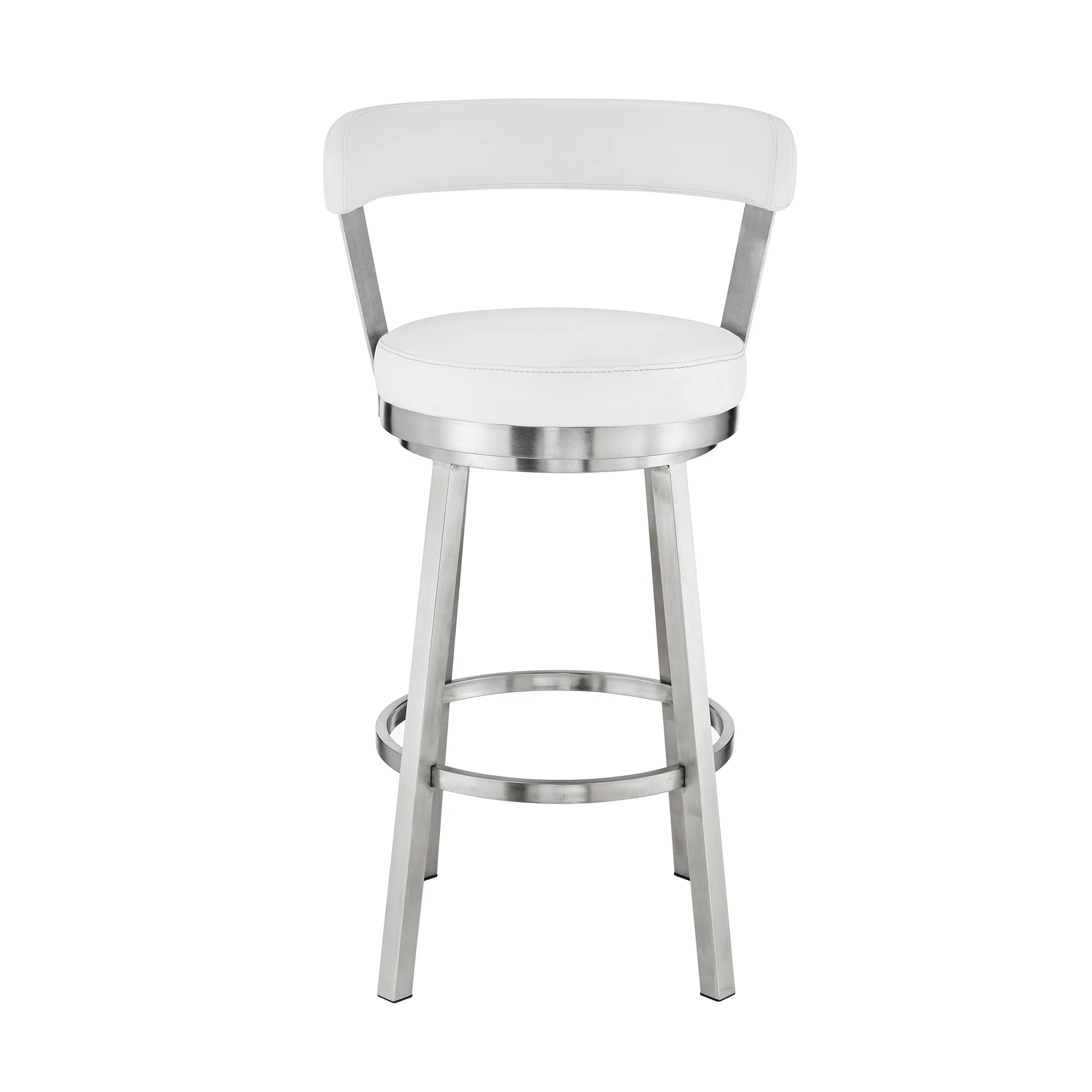 Bryant 26" Counter Height Swivel Bar Stool in Brushed Stainless Steel Finish and White Faux Leather By Armen Living - Image 3