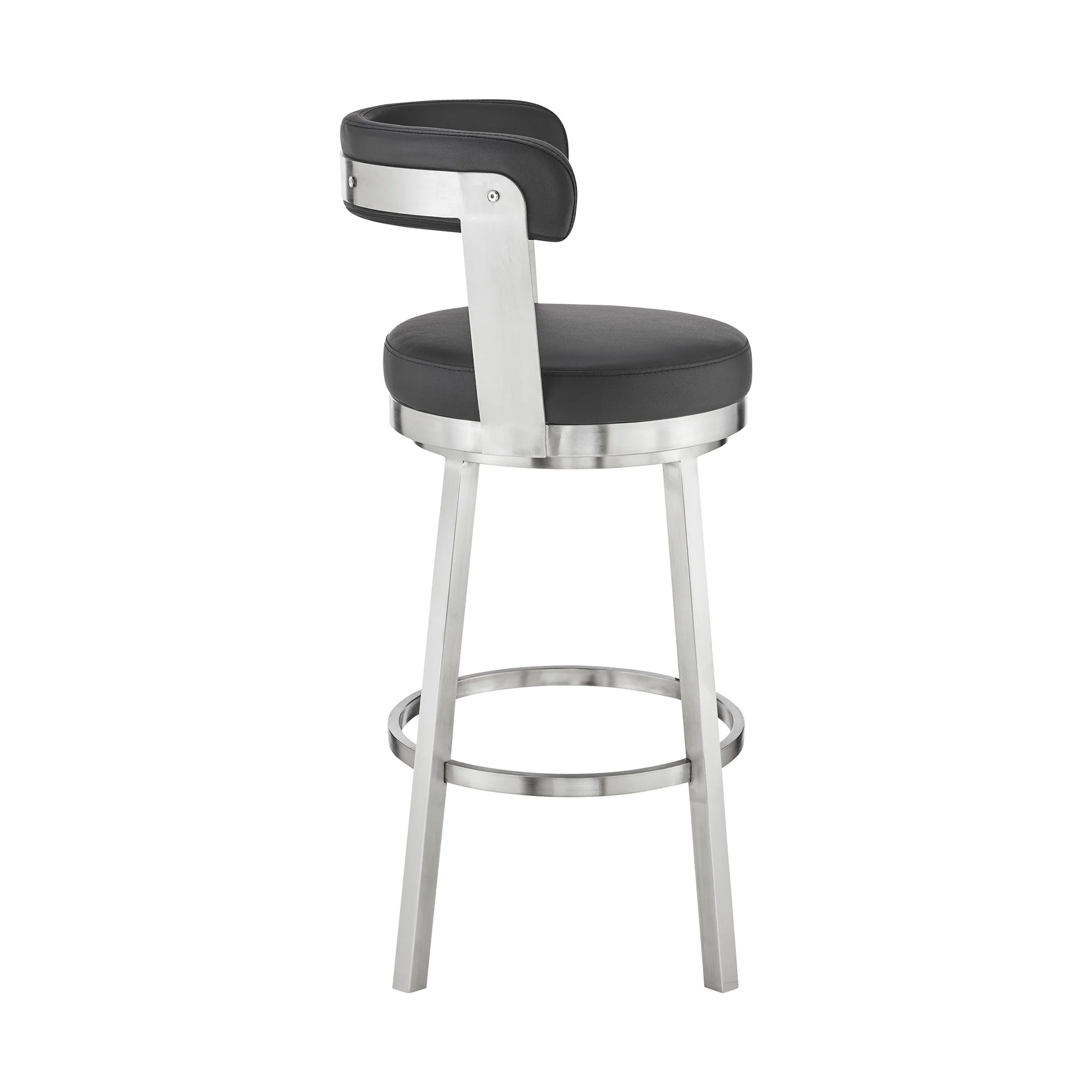 Bryant 30" Bar Height Swivel Bar Stool in Brushed Stainless Steel Finish and Black Faux Leather By Armen Living - Image 4
