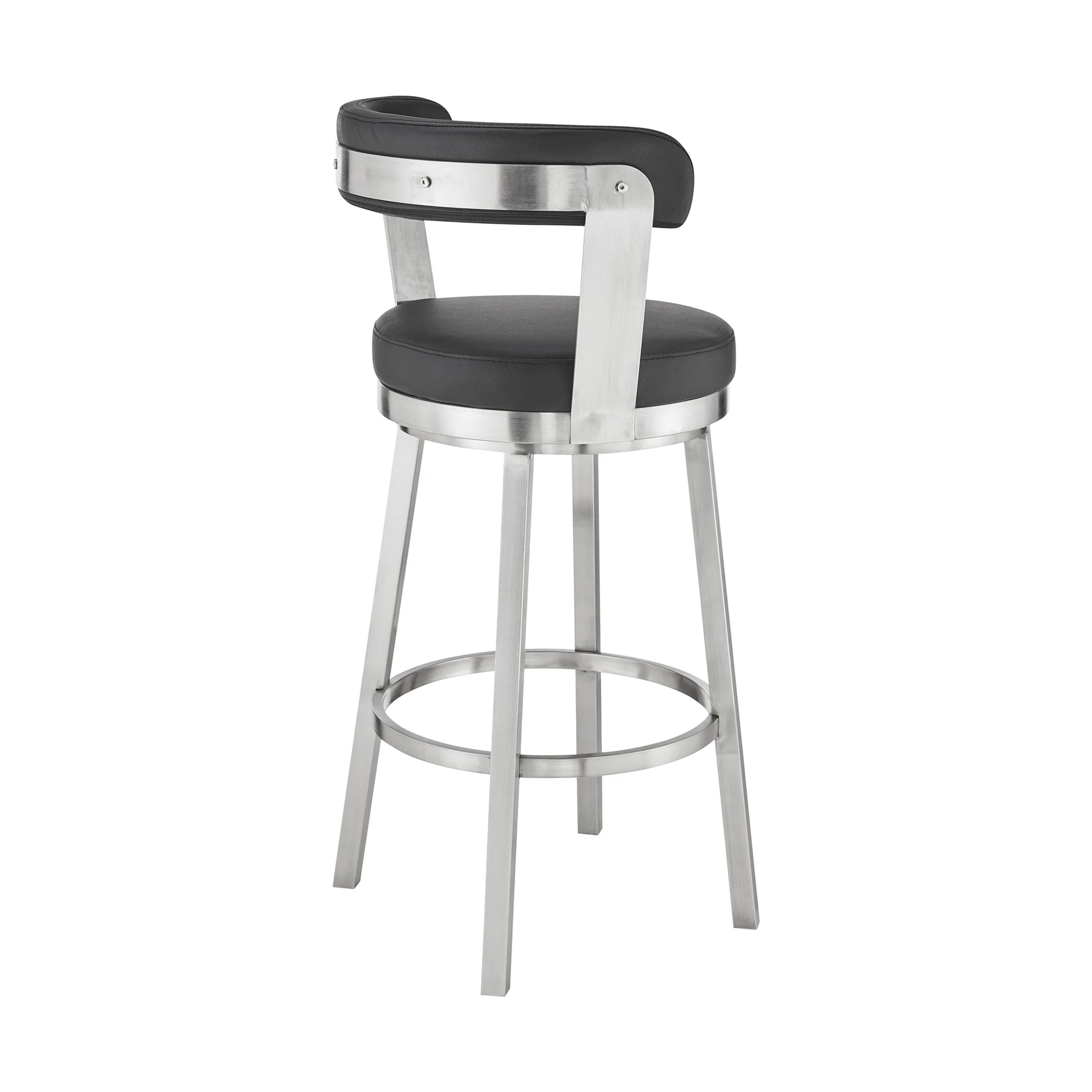 Bryant 30" Bar Height Swivel Bar Stool in Brushed Stainless Steel Finish and Black Faux Leather By Armen Living - Image 5